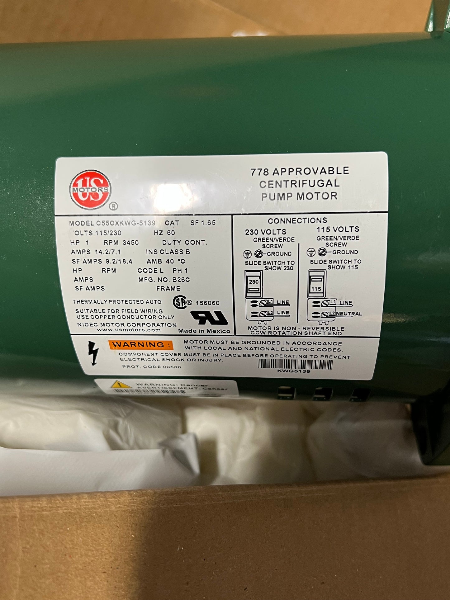 US MOTORS Commercial Grade Motor 115/230V 3450 RPM Green C55CXKWG-5139