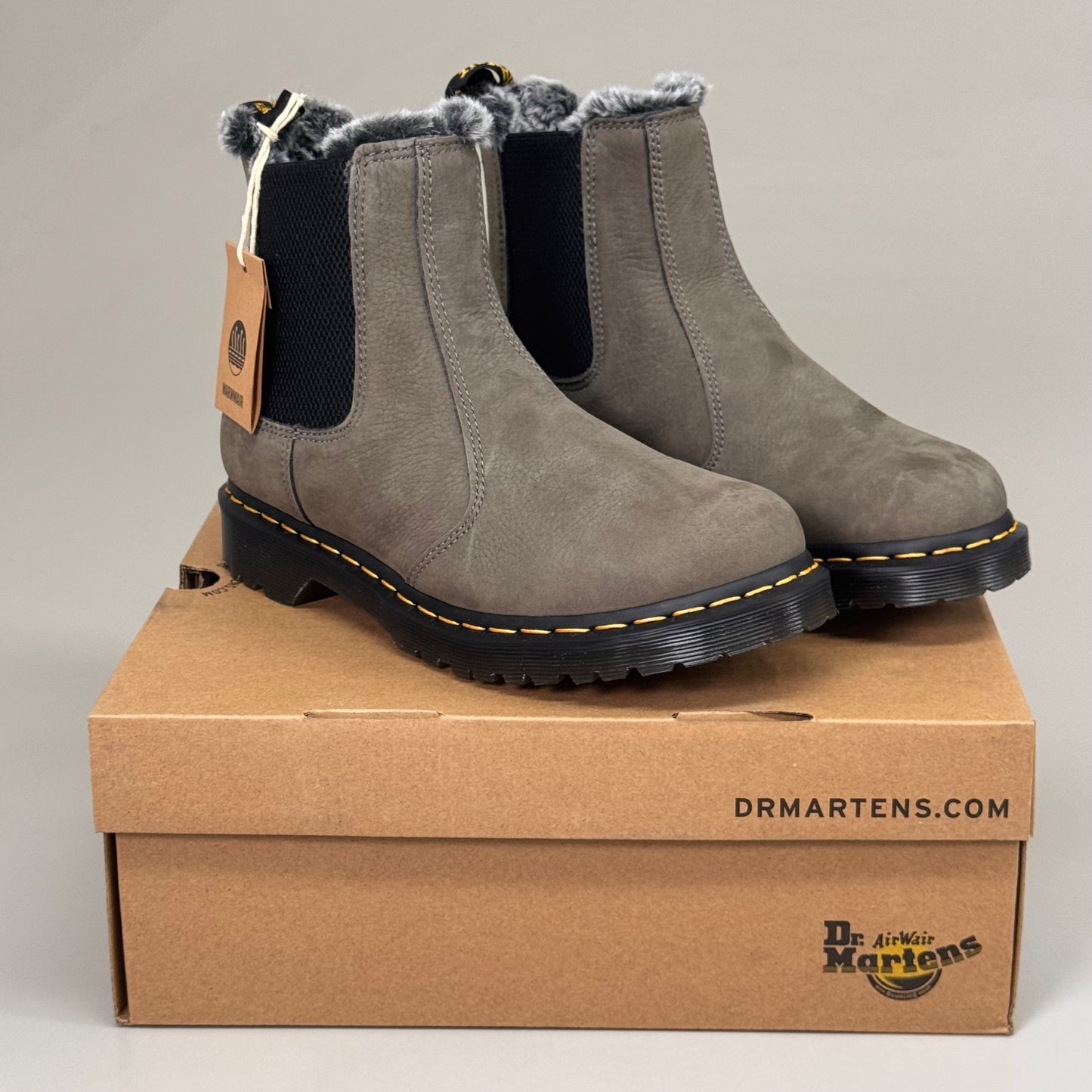 DR MARTENS Leonore Faux Fur-Lined Suede & Nubuck Leather Boots SZ 10 Nickel Grey