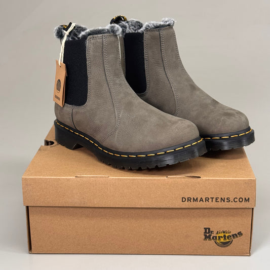 DR MARTENS Leonore Faux Fur-Lined Suede & Nubuck Leather Boots SZ 10 Nickel Grey