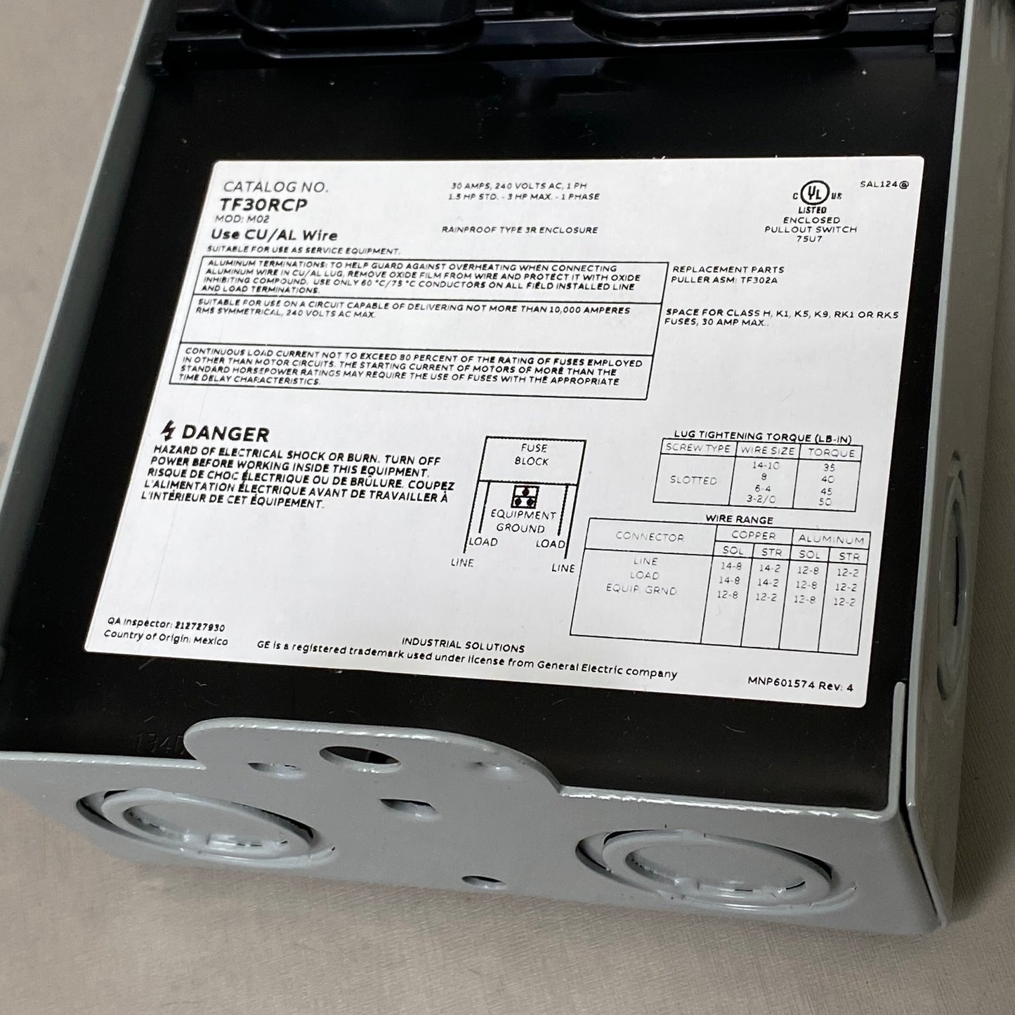 ENERGY INDUSTRIAL SOLUTIONS Air Conditioner Disconnect 9.75"x5.5"x3.75" Grey TF30RCP