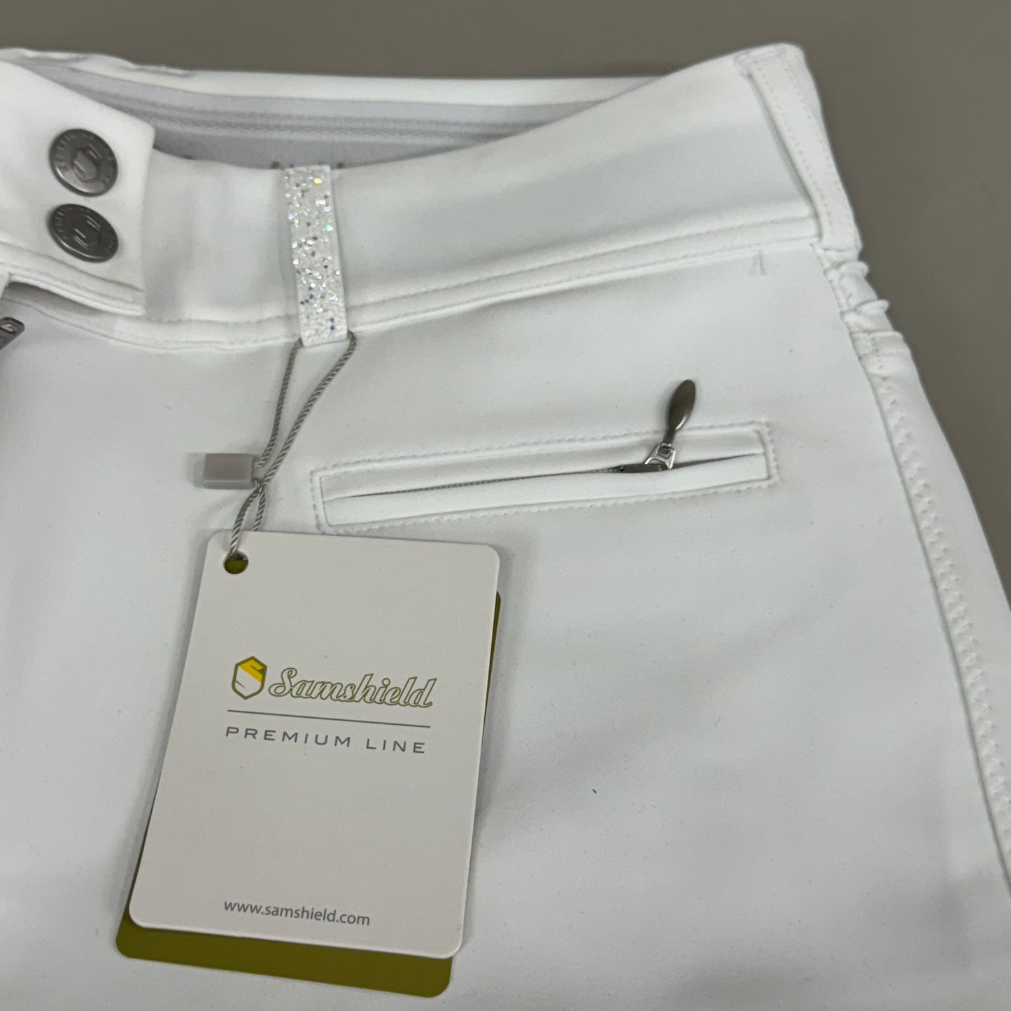 SAMSHIELD Clara Premium Knee Grip Equestrian Pants Women's Sz US 26 White Blazon