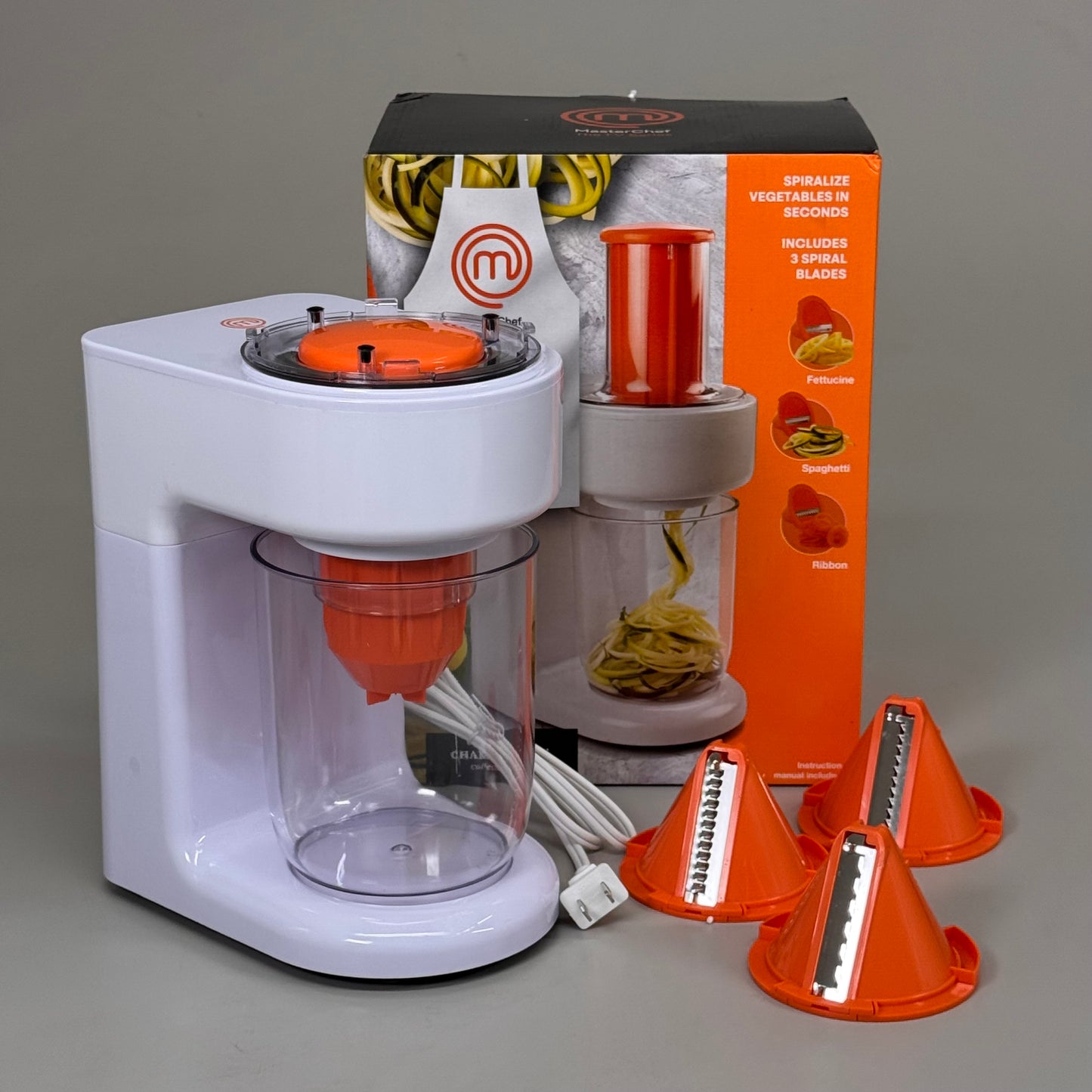 MASTERCHEF Electric Spiralizer includes 3 Spiral Blades 12" x 9.5" White/Orange