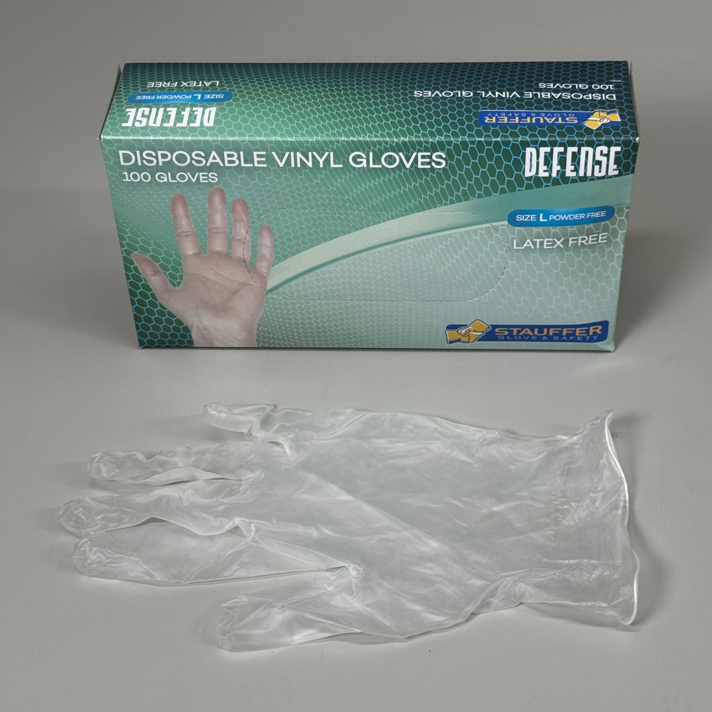 STAUFFER (10 PACK, 1,000 Total) Gloves & Safety Powder-Free Clear Vinyl Sz L R400I