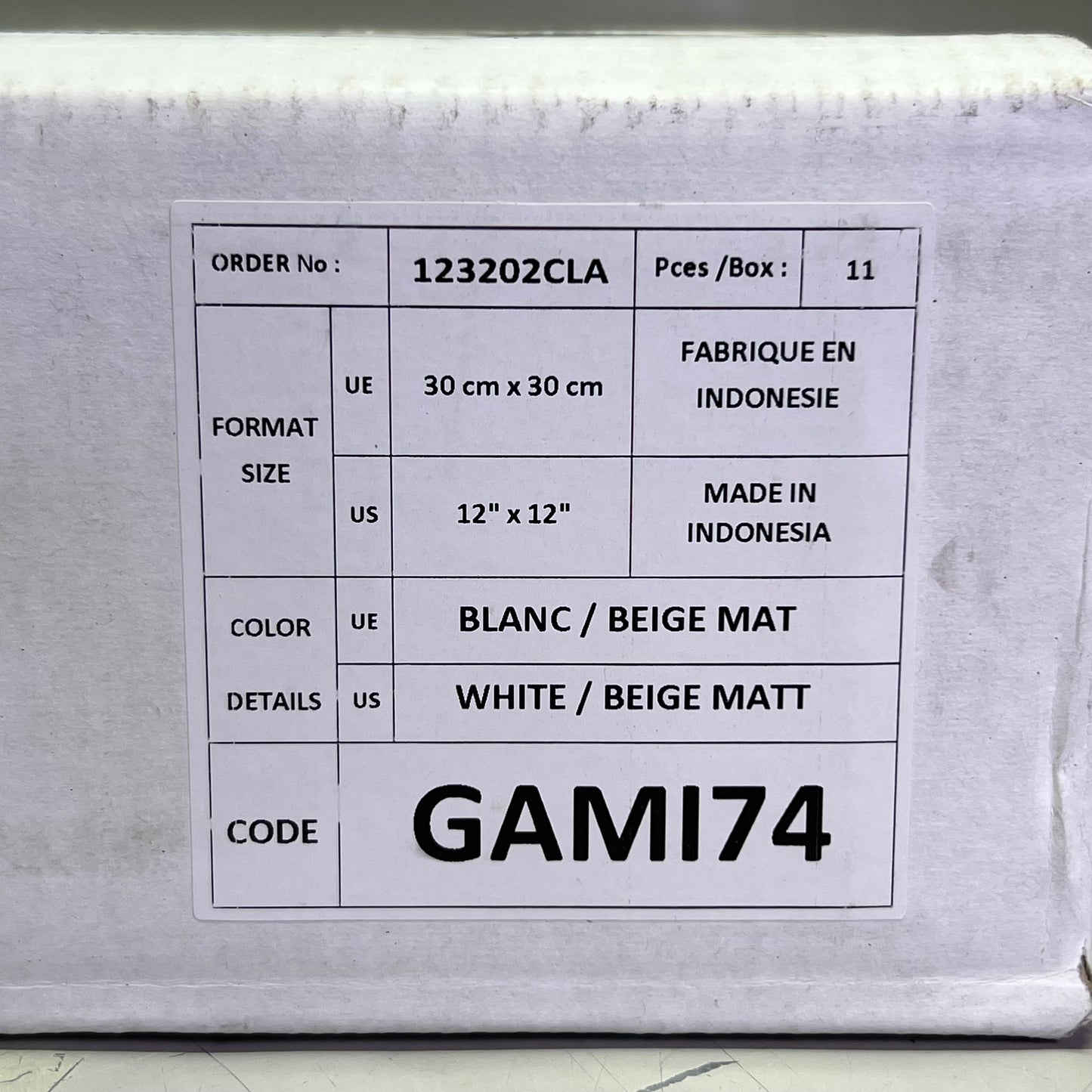 Natural Stone Tile (11 Pcs) 12" x 12" White/Beige Matt GAMI74