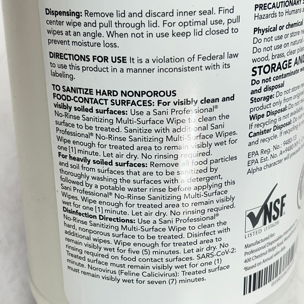 SANI PROFESSIONAL (5 PACK, 95 EACH) No-rinse Sanitizing Wipes 7.75 x 9" 8DP56700