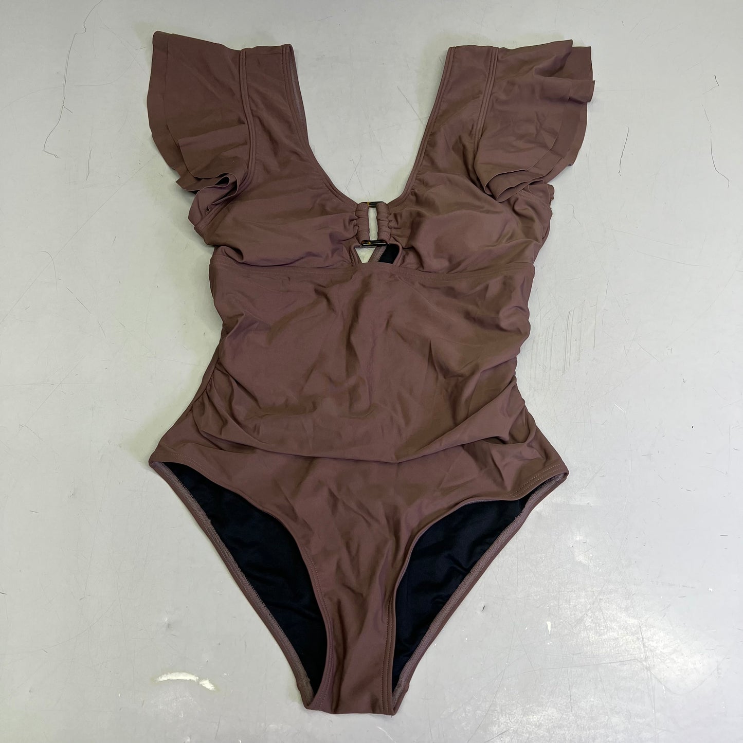 CHARMO Deep Scoop Neck Ruffle Cap Sleeve Swimsuit Women's Sz M Milk Chocolate