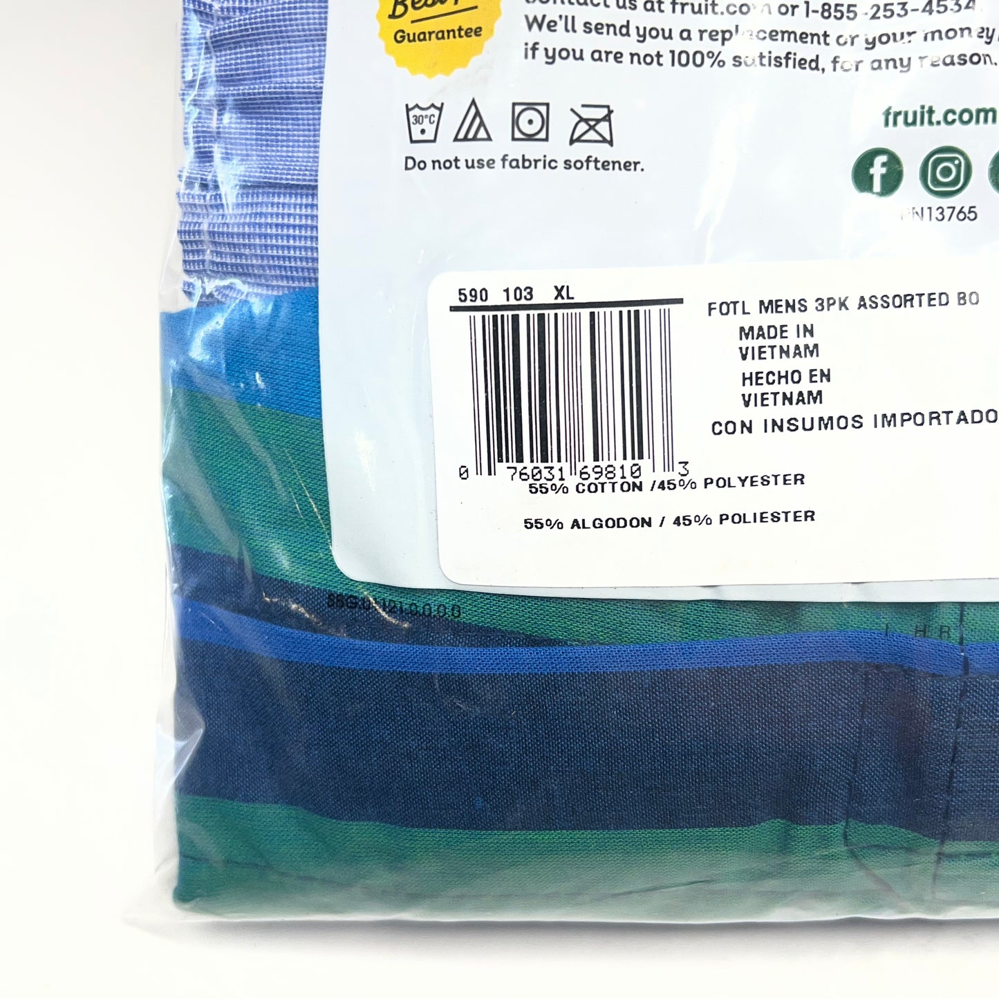ZA@ FRUIT OF THE LOOM (3 PACK) Eversoft Breathable Fabric No Bunching Boxers Men's Sz XL Plaid/Multicolor 590103