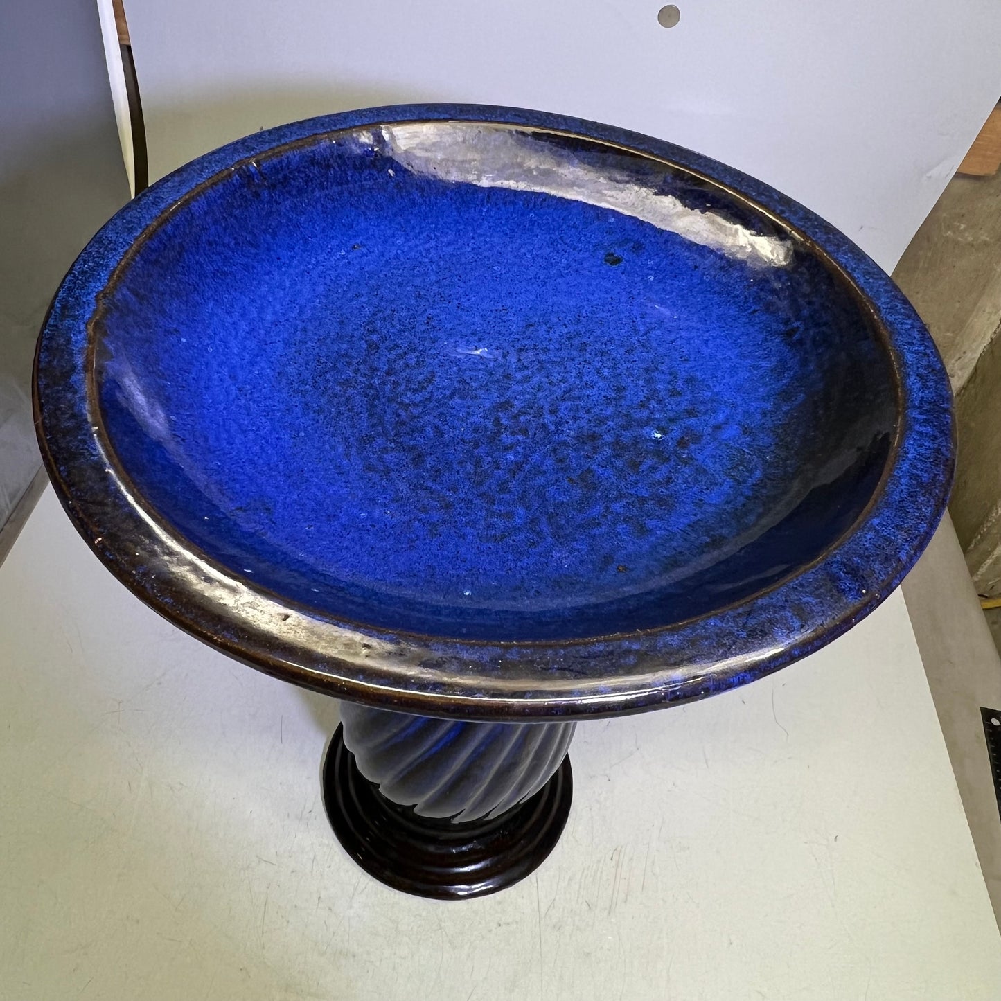 ZA@ Glazed Pottery 2 Piece Swirl Stand Bird Bath 22" L x 20" Dia Deep Blue