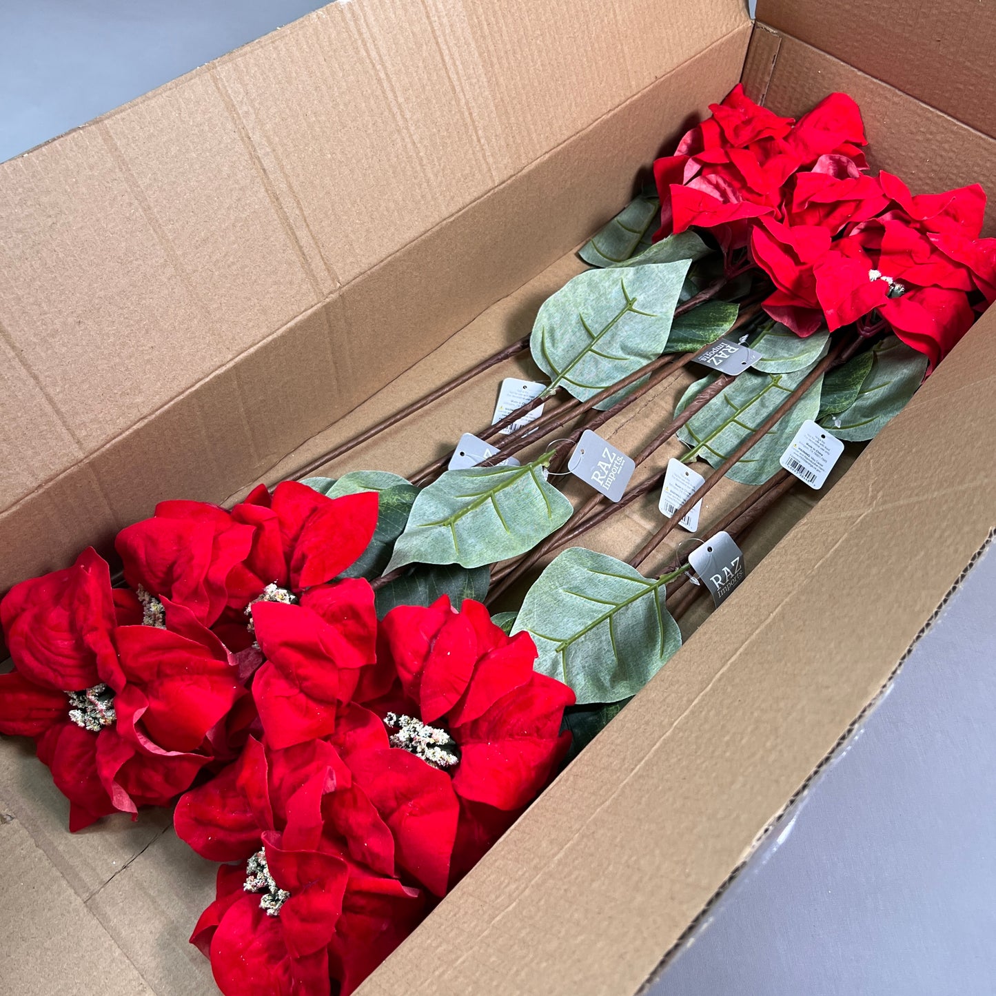RAZ IMPORTS 12-PK 23.5" Red Velvet Poinsettia Stem Christmas Decoration F4202525 (New)