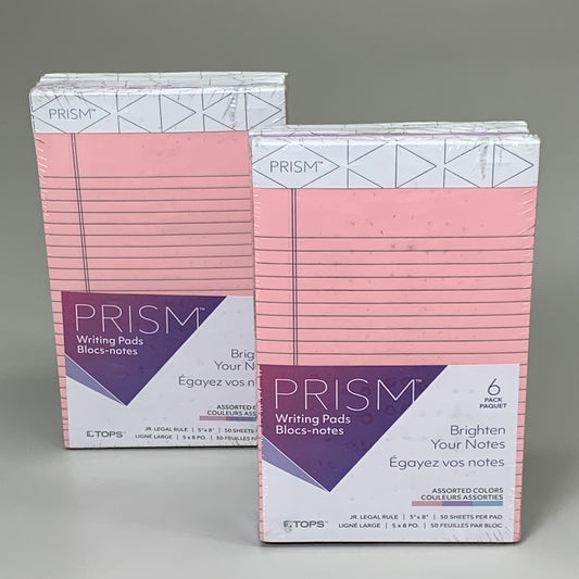 TOPS (2 PACK,12 TOTAL PADS) Prism Writing Pads Narrow Rule Assorted Color 5"x8"