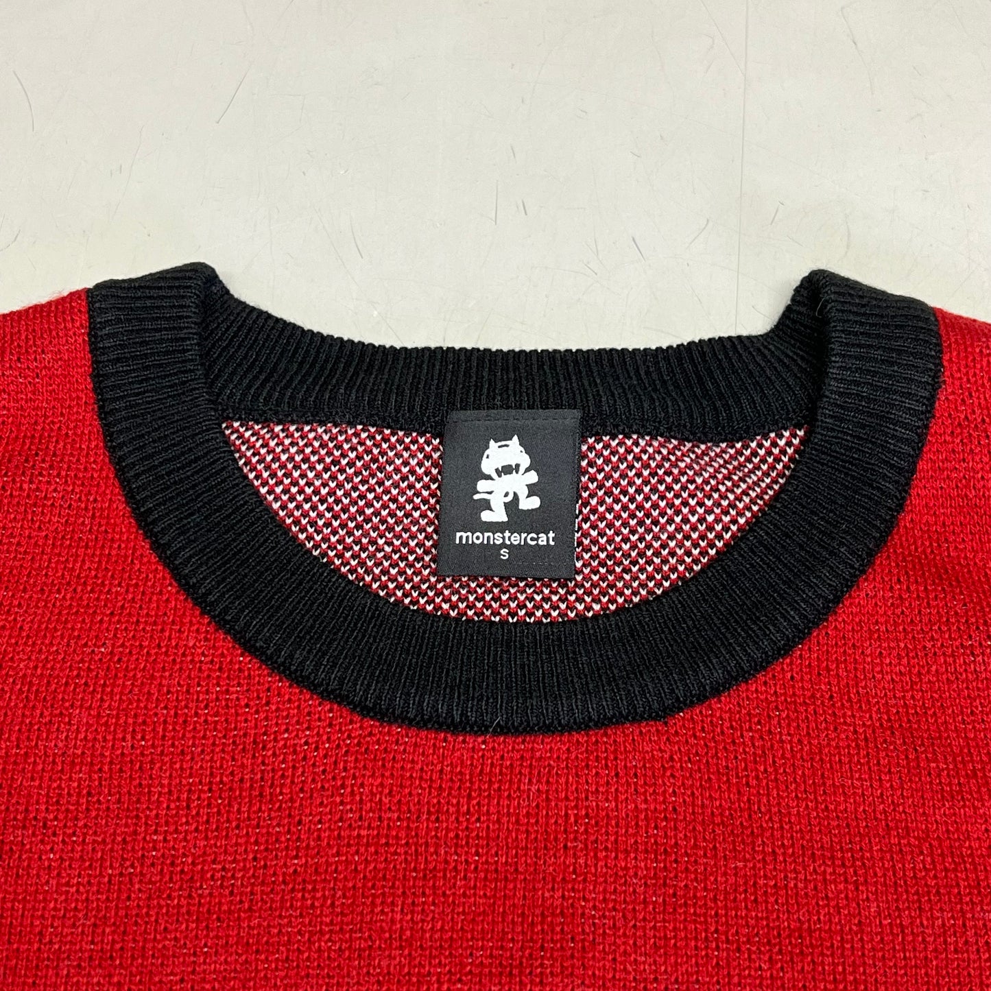 MONSTERCAT Records Holiday Intarsia Pullover Sweater Men's Sz S Deep Red/Black