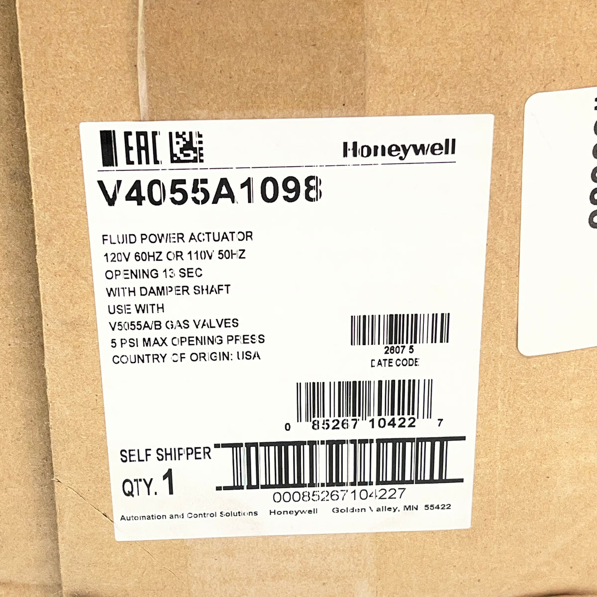 HONEYWELL On-off Fluid Power Gas Valve Actuator W/ Damper 5 PSI V4055A1098