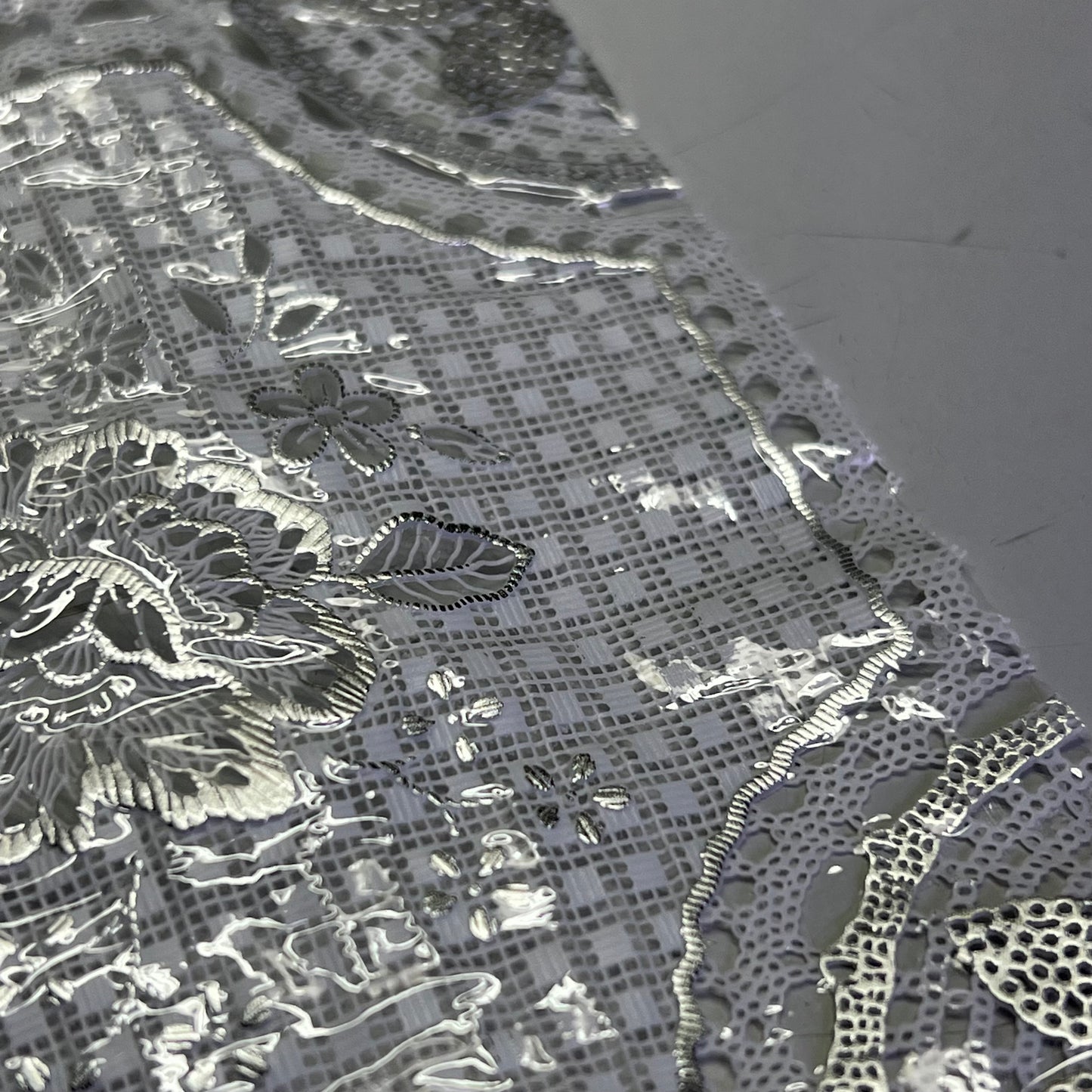 PVC Glossy Lace Dining Tablecloth Roll 54"x60' Silver/White CL-0615B