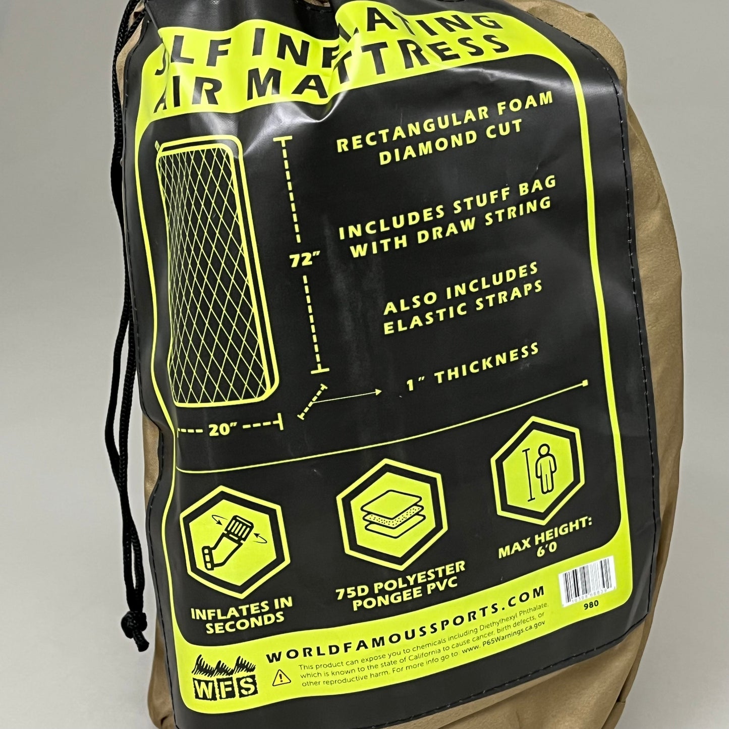 WORLD FAMOUS SPORTS Self Inflating 1" Air Pad w/ Stuff Sack 72"x20"x1" Tan 980