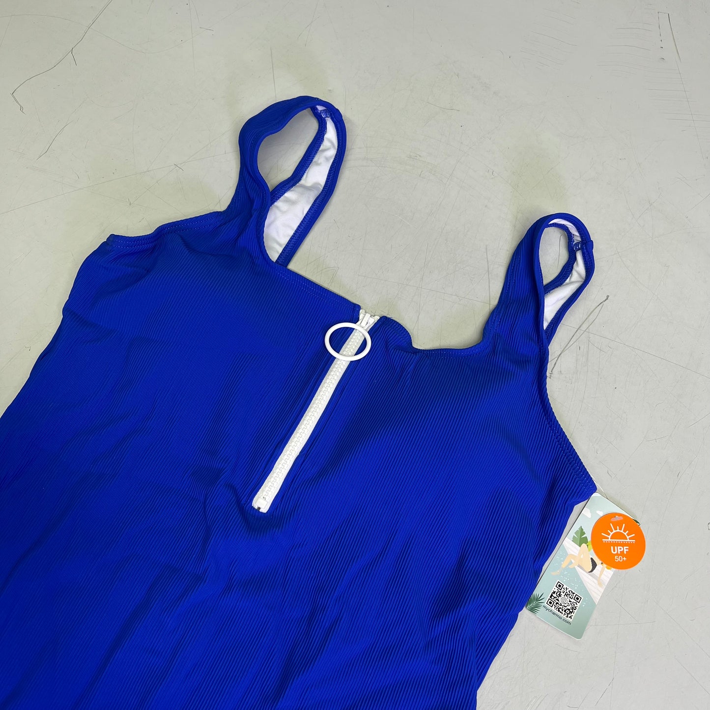 CHARMO Square Neck Half Zip One Piece Swimsuit Women's Sz L Bright Blue/White