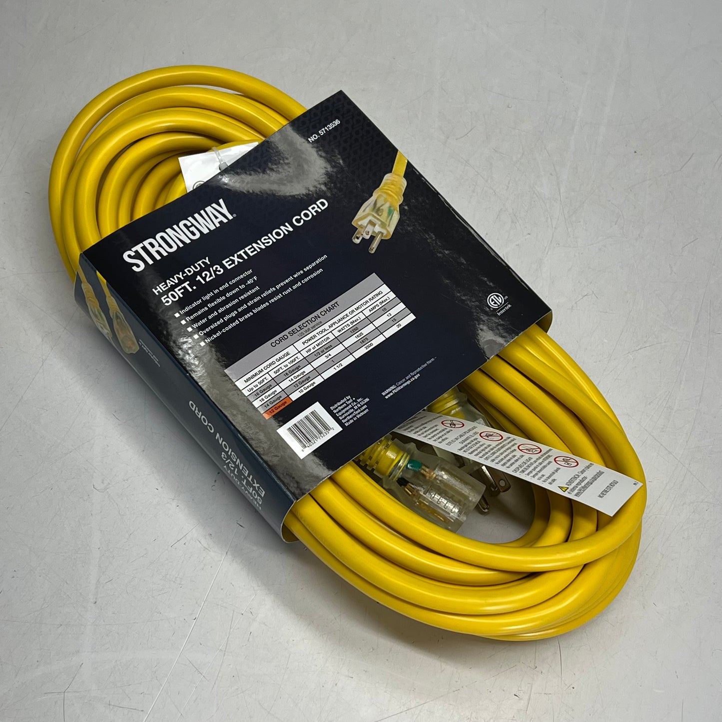 STRONGWAY Outdoor Extension Cord  15 Amps 12/3 Gauge 50' Yellow 5713536