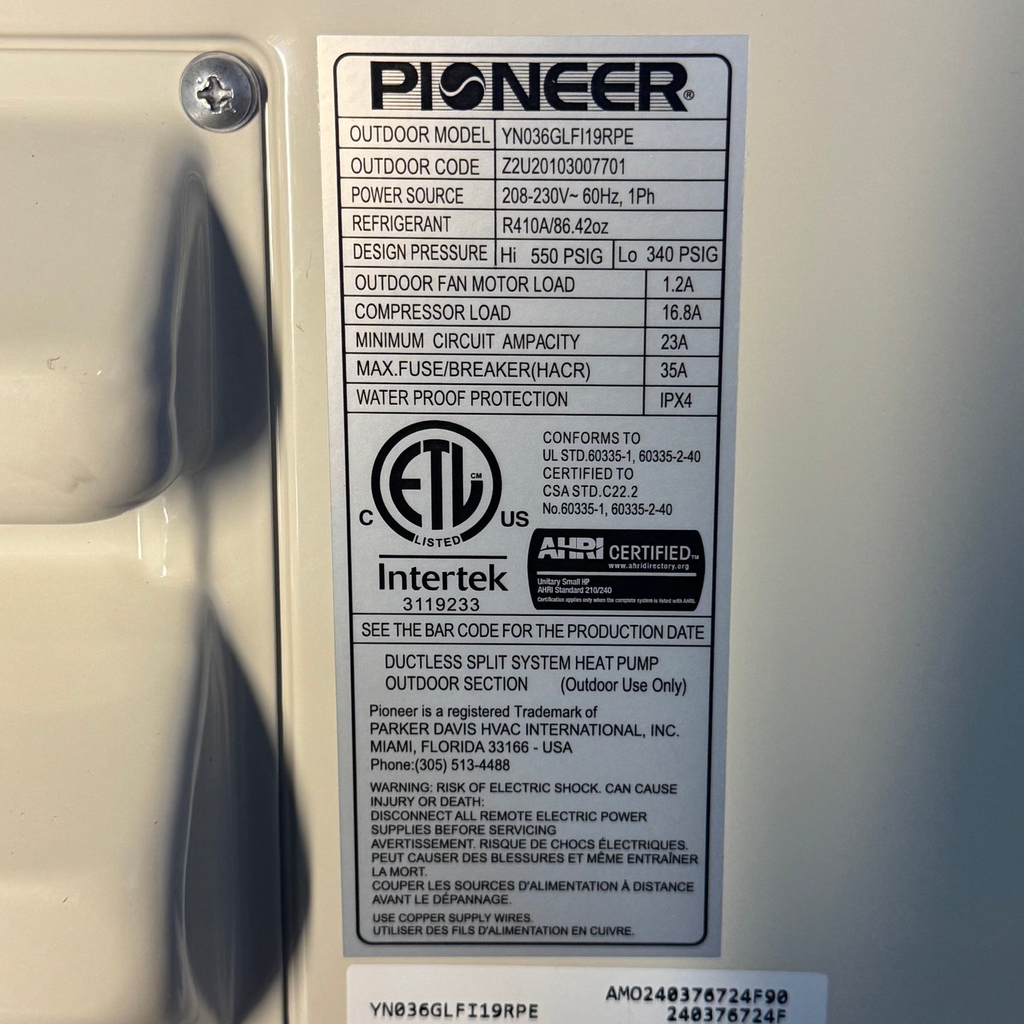 PIONEER 36,000 BTU 19 SEER 230V High-Wall Mini-Split Air Conditioner Inverter Heat Pump With 16 Ft. Kit White YN036GLFI19RPE/WT036GLFI19HLE