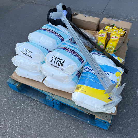 ZA@, DAFRUTA Passion Fruit & Guava Drinks, Plastic Spoons, Pallet of Calcium Pool Water Balancer, Door Trim, Plastic Bags, Metal Racks, & Dispenser Pumps  (AS-IS)