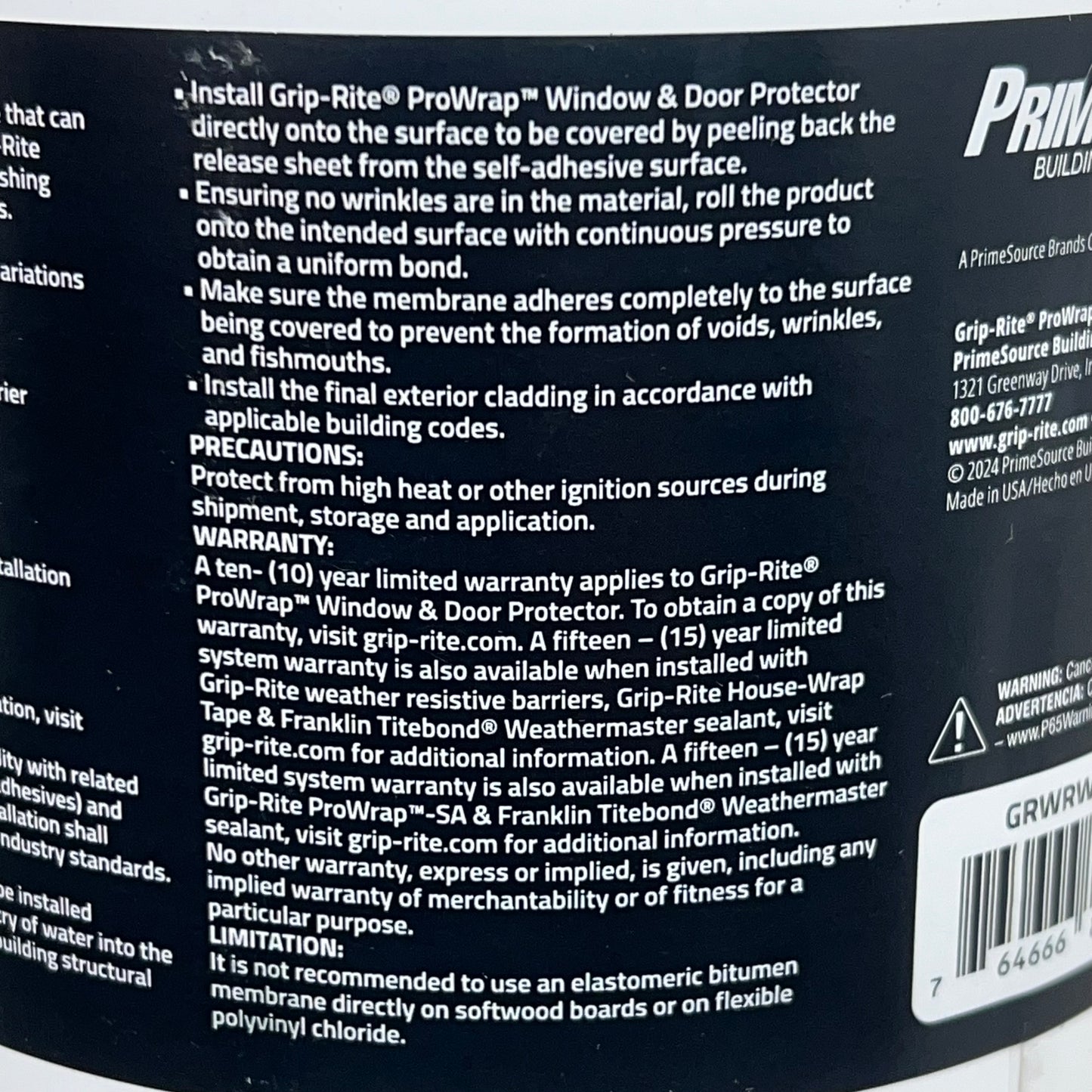 GRIP RITE ProWrap BUTYL Window & Door Protector 4"X75' All Weather GRWRWDT4BT