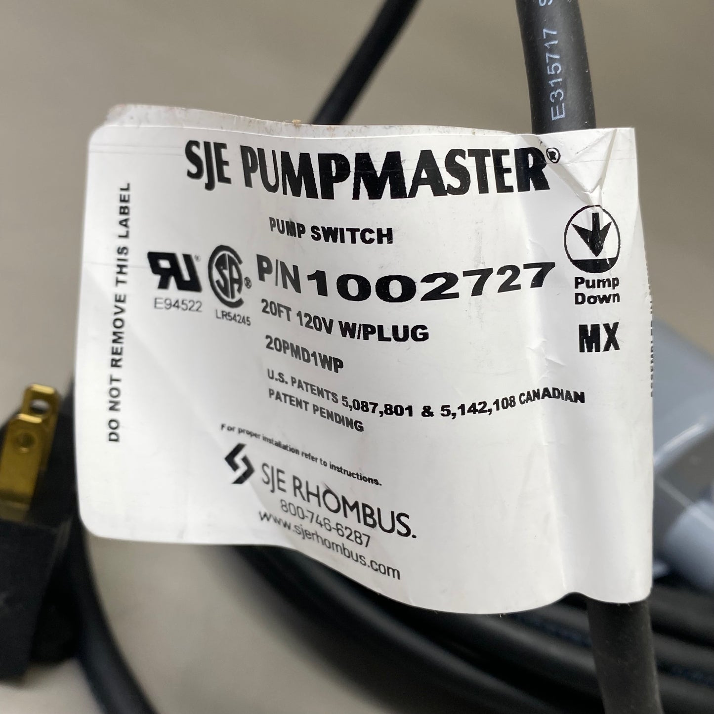 SJE Rhombus PumpMaster Pump Switch with Plug, 20Ft, 120V, Grey/Black
