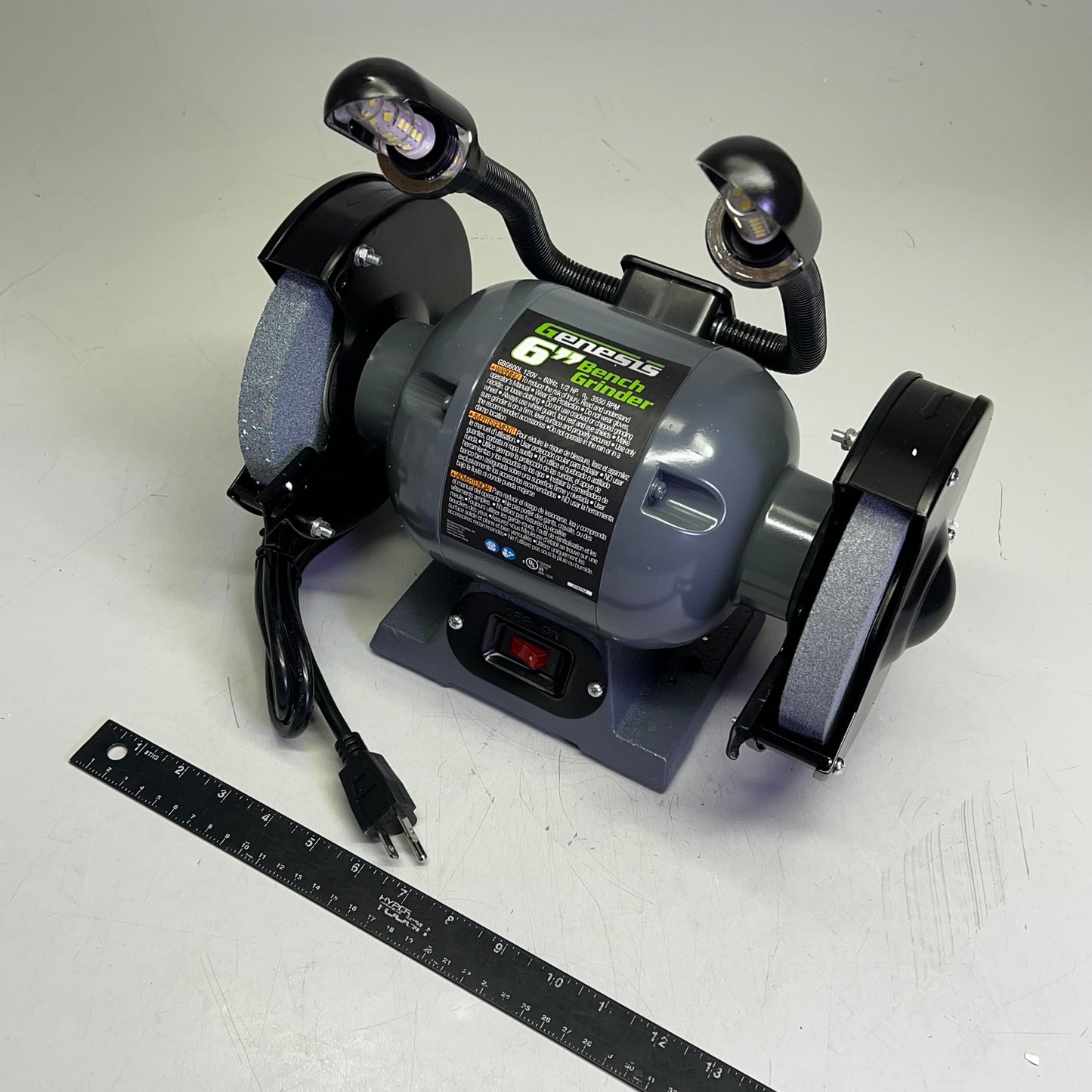 GENESIS Bench Grinder W/ Dual Flexible Lights & Eye Shield 1/2 HP Grey GBG600