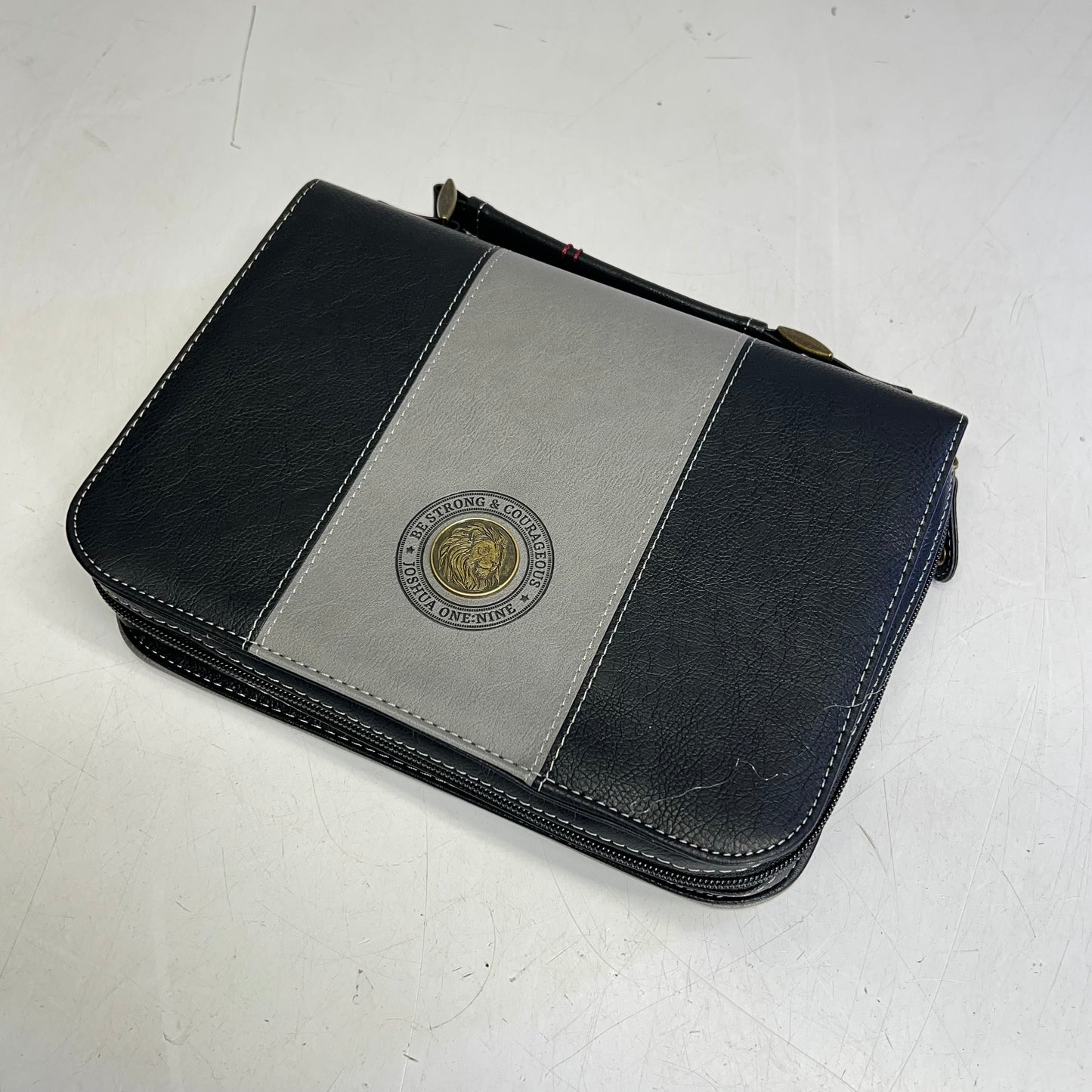 CHRISTIAN ART GIFTS Joshua 1:9 Faux Leather Classic Bible Cover 6"x9" Grey/Black