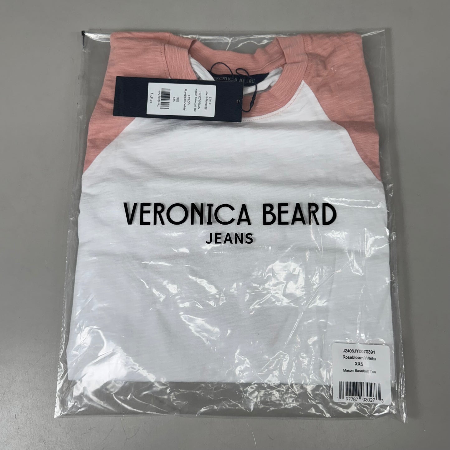 VERONICA BEARD Jeans Women's Mason Baseball Tee Sz-XXS Rosebloom/White