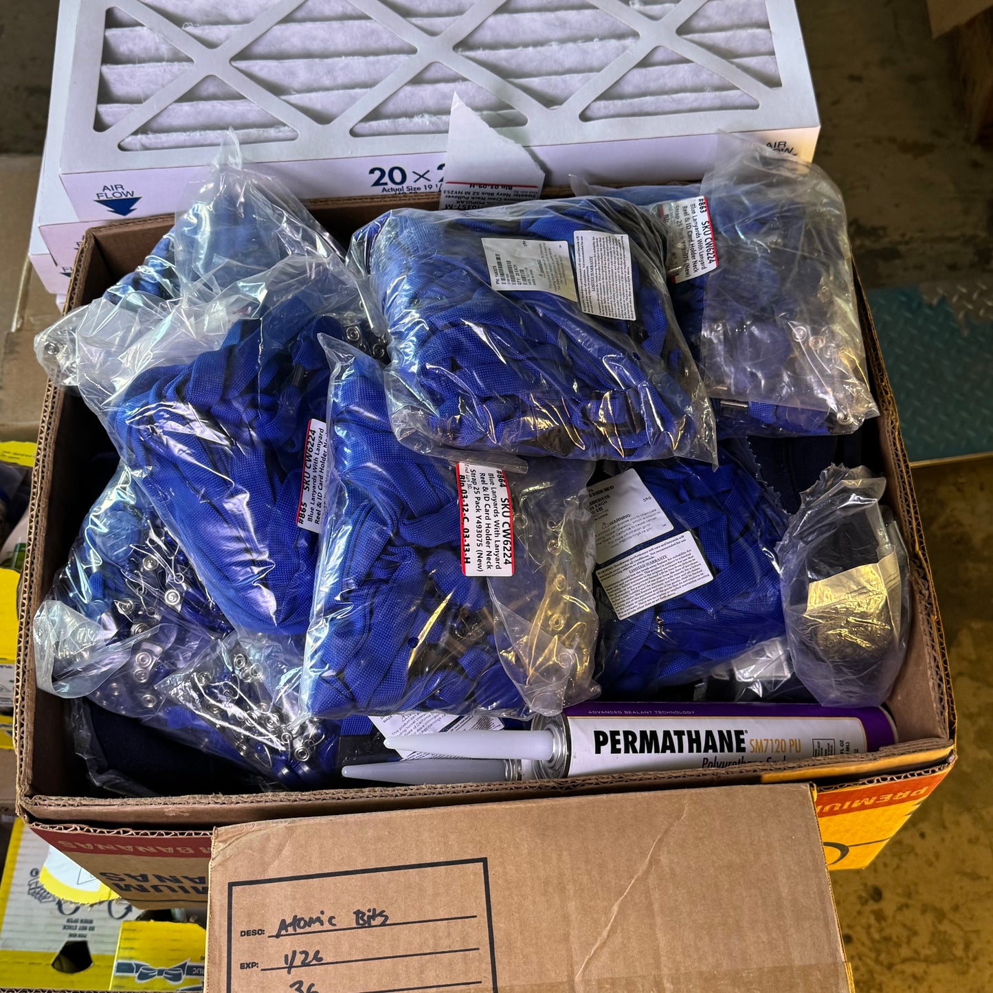 ZA@ Pallet of MIXED Food, Air Filters, Lanyards with Lanyard Reel & ID Card, Baby Cereal, Chicken Breading, Etc... (AS-IS)