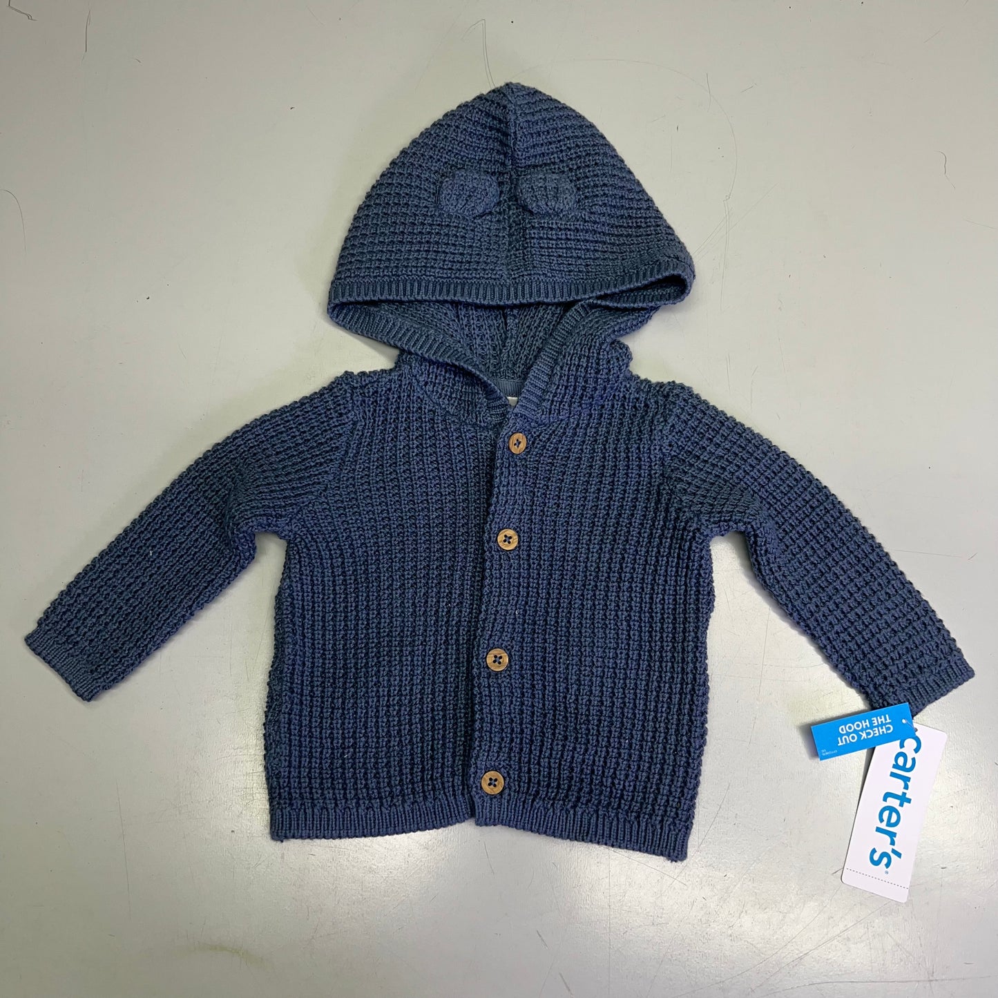 CARTERS Hooded Button Up Waffle Knit Cardigan Boy's Sz 3M Navy Blue IS941510