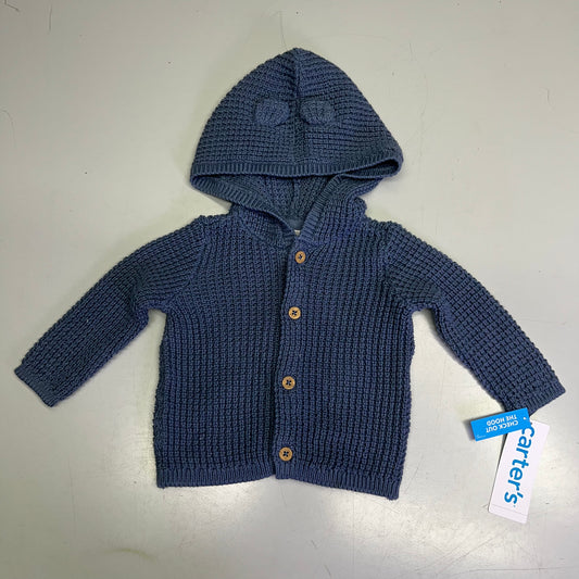 CARTERS Hooded Button Up Waffle Knit Cardigan Boy's Sz 3M Navy Blue IS941510