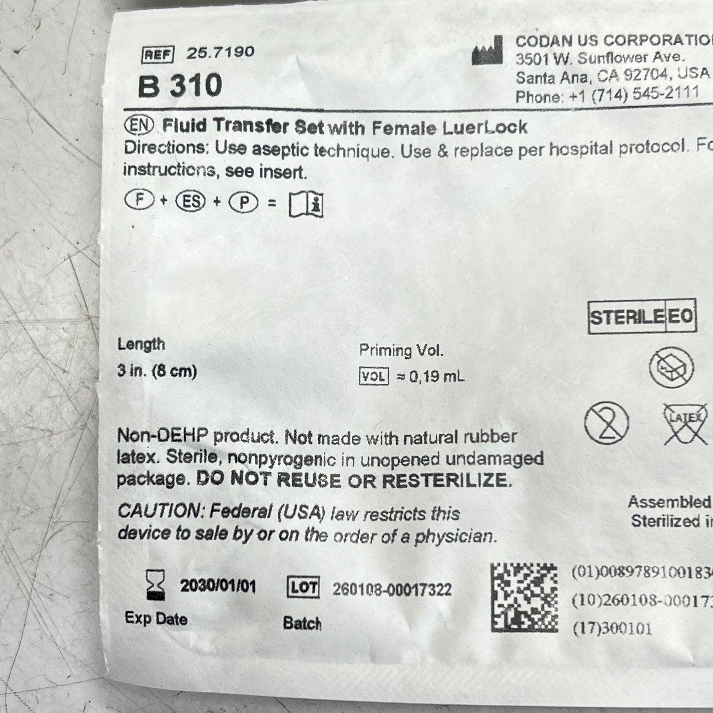 CODAN (50 PACK) Fluid Transfer Set W/ Female Luer Lock Sterile Clear BB 01/30