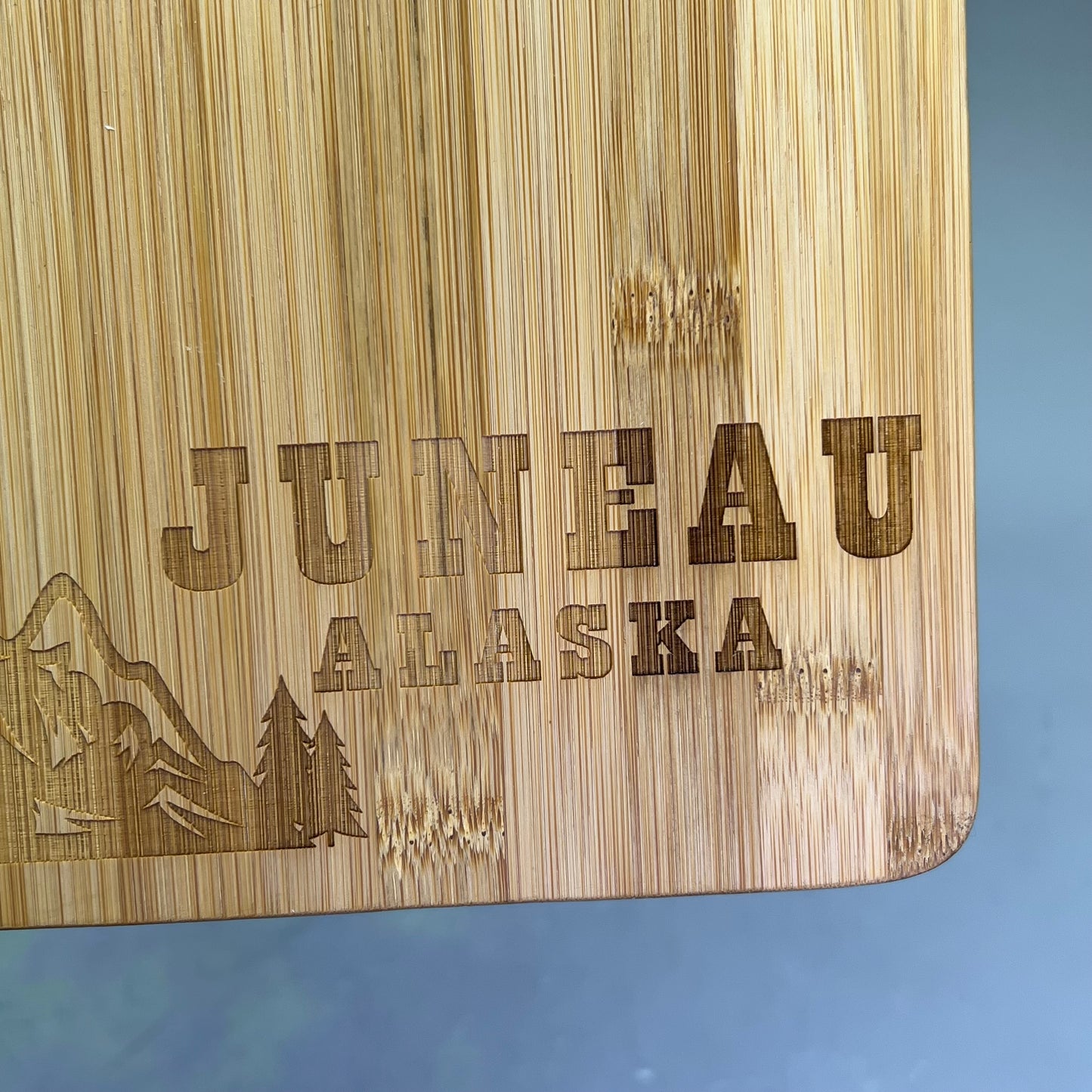 Mountain & Bear Laser Cut Bamboo Cutting Board Souvenir JUNEAU ALASKA  12"x9"