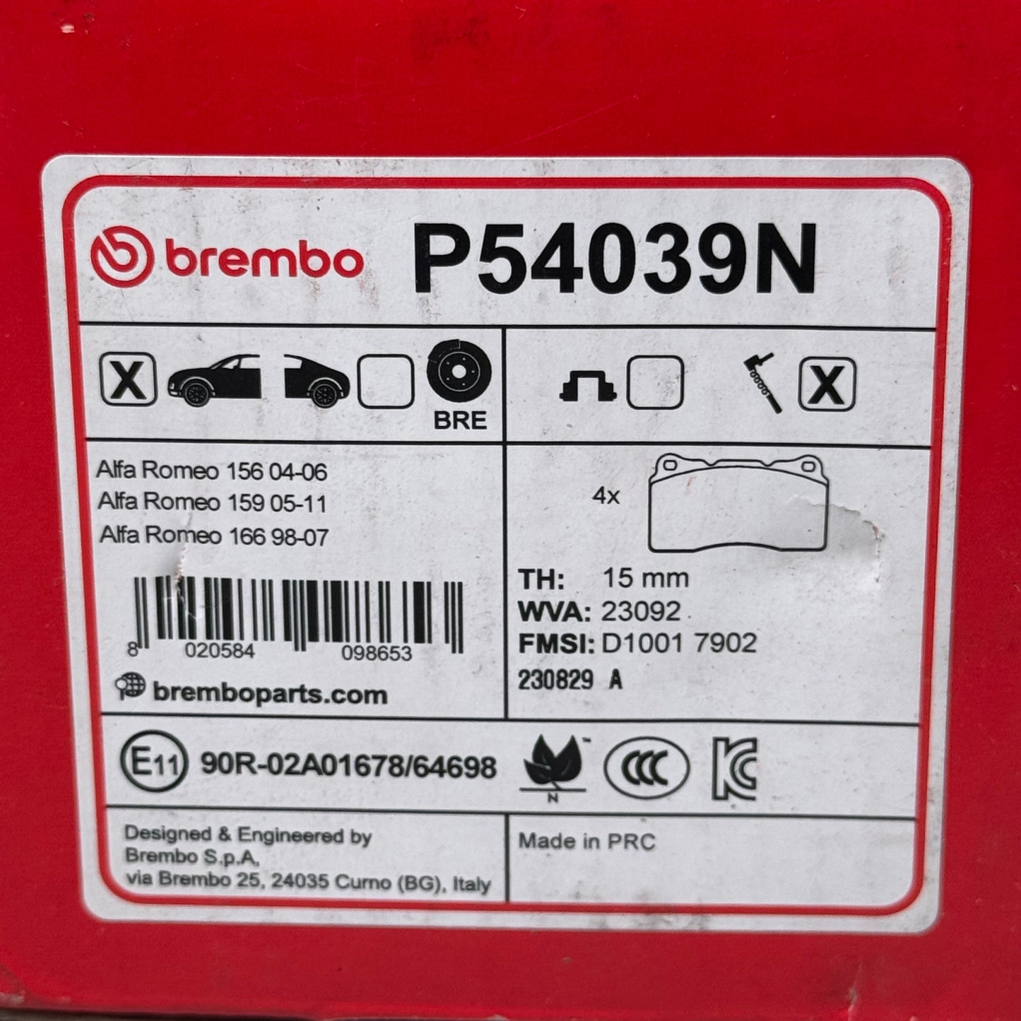 BREMBO Disc Ceramic Brake Pads 2 Wheel Set Chamfered & Slotted Red/Black P54039N