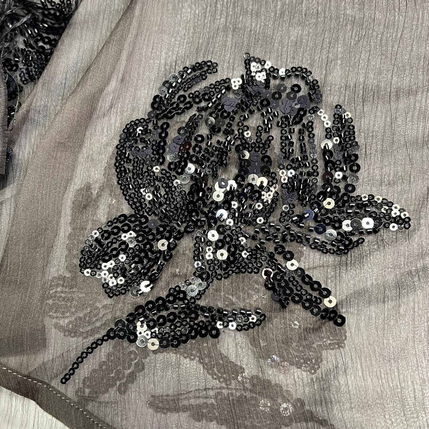 ZARA Button Up Semi-Sheer Sequin Feather Blouse Women's Sz XS Black/Brown