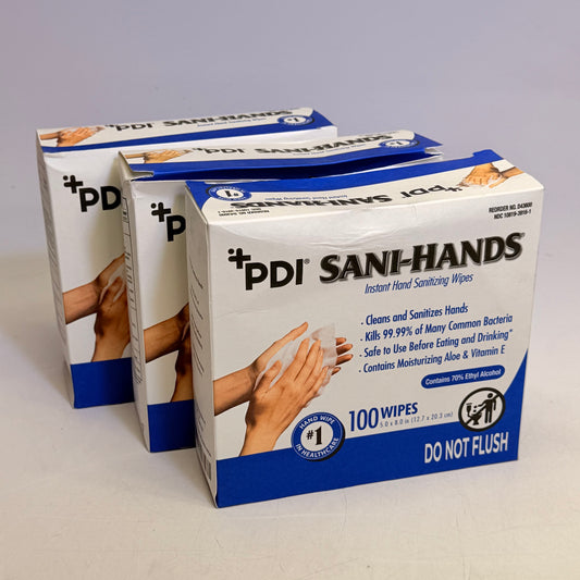 SANI-HANDS (3 PACK, 100 Count Each) Hand Wipes +PDI 5" X 8" White