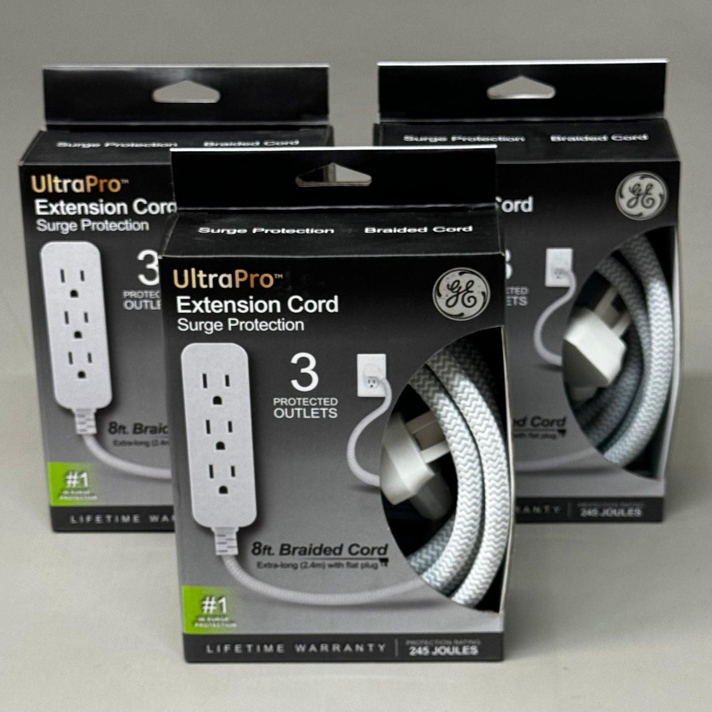 GENERAL ELECTRIC (3 PACK) Braided Extension Cord SurgeProtection 8ft 3Plugs 8028