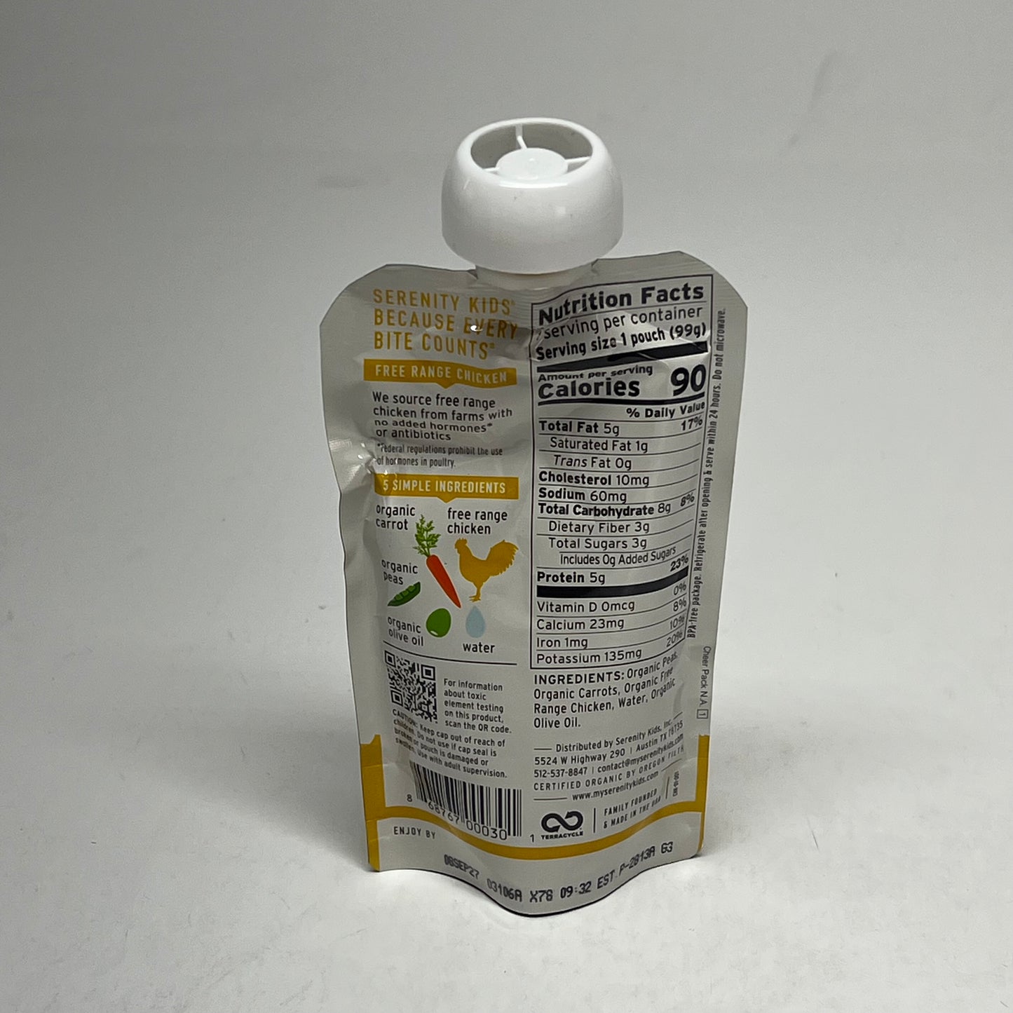 SERENITY (6 PACK) Free Range Chicken W/ Peas & Carrots Baby Food Pouch BB 09/27