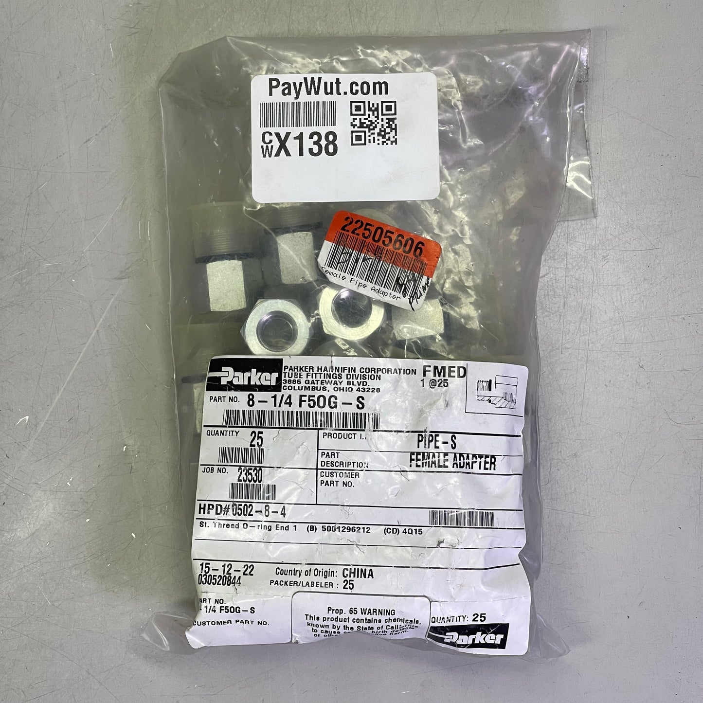 PARKER (25 PACK) Pipe Fitting & Port Adapters 1/4" Steel 8-1/4 F50G-S