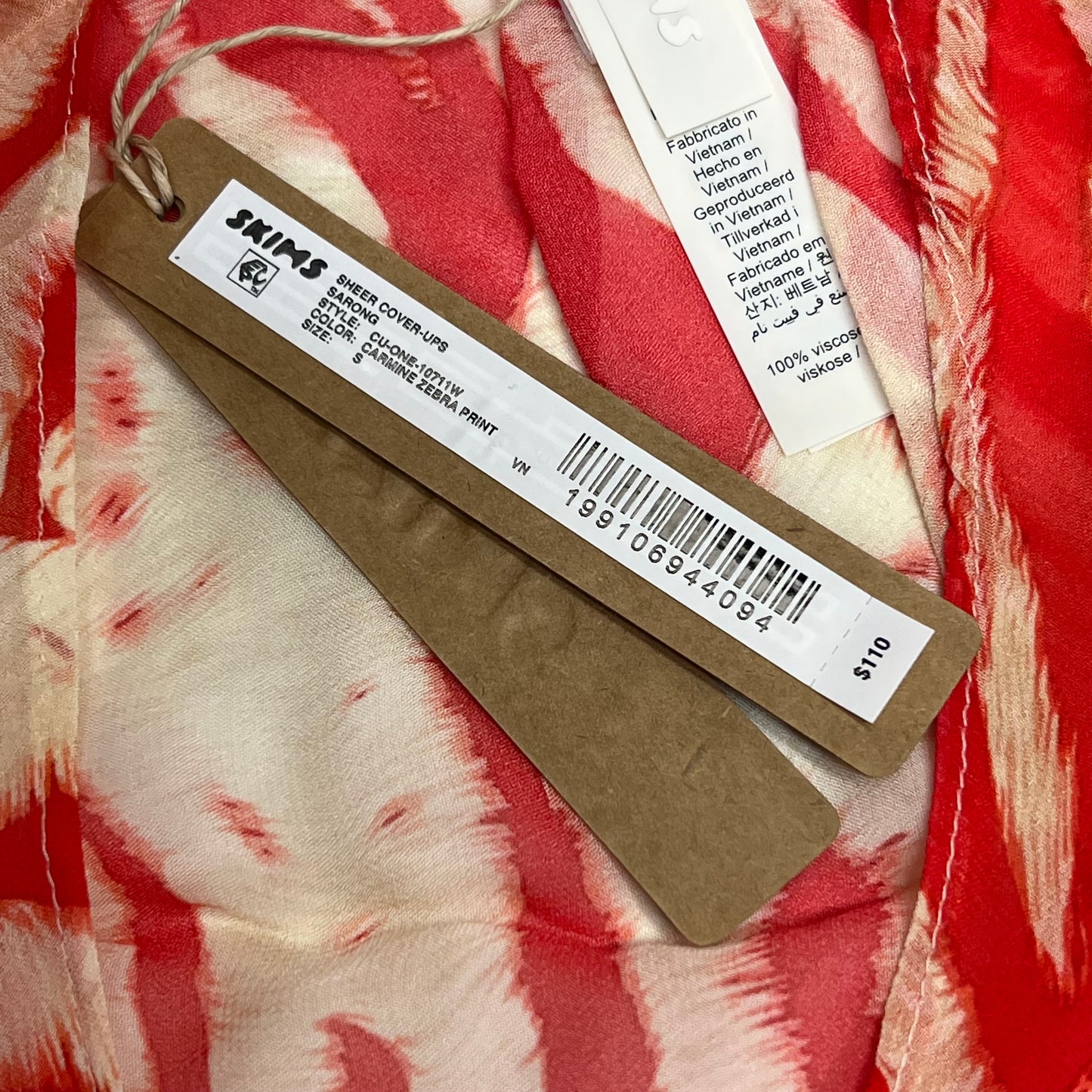 SKIMS Sheer Open Front Sarong Women's Sz S Carmine Zebra Print CU-ONE-10711W