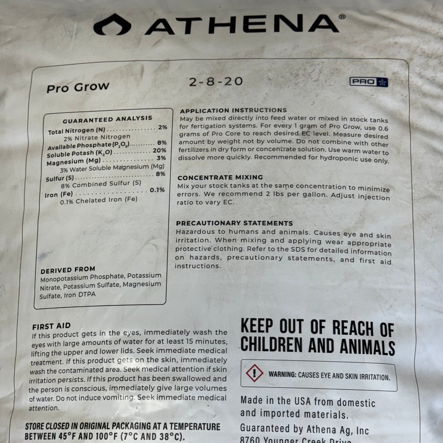 ATHENA Pro Grow (25 lb) Soluble Vegetative Fertilizer Sz 18” H x 14” W 2-8-20