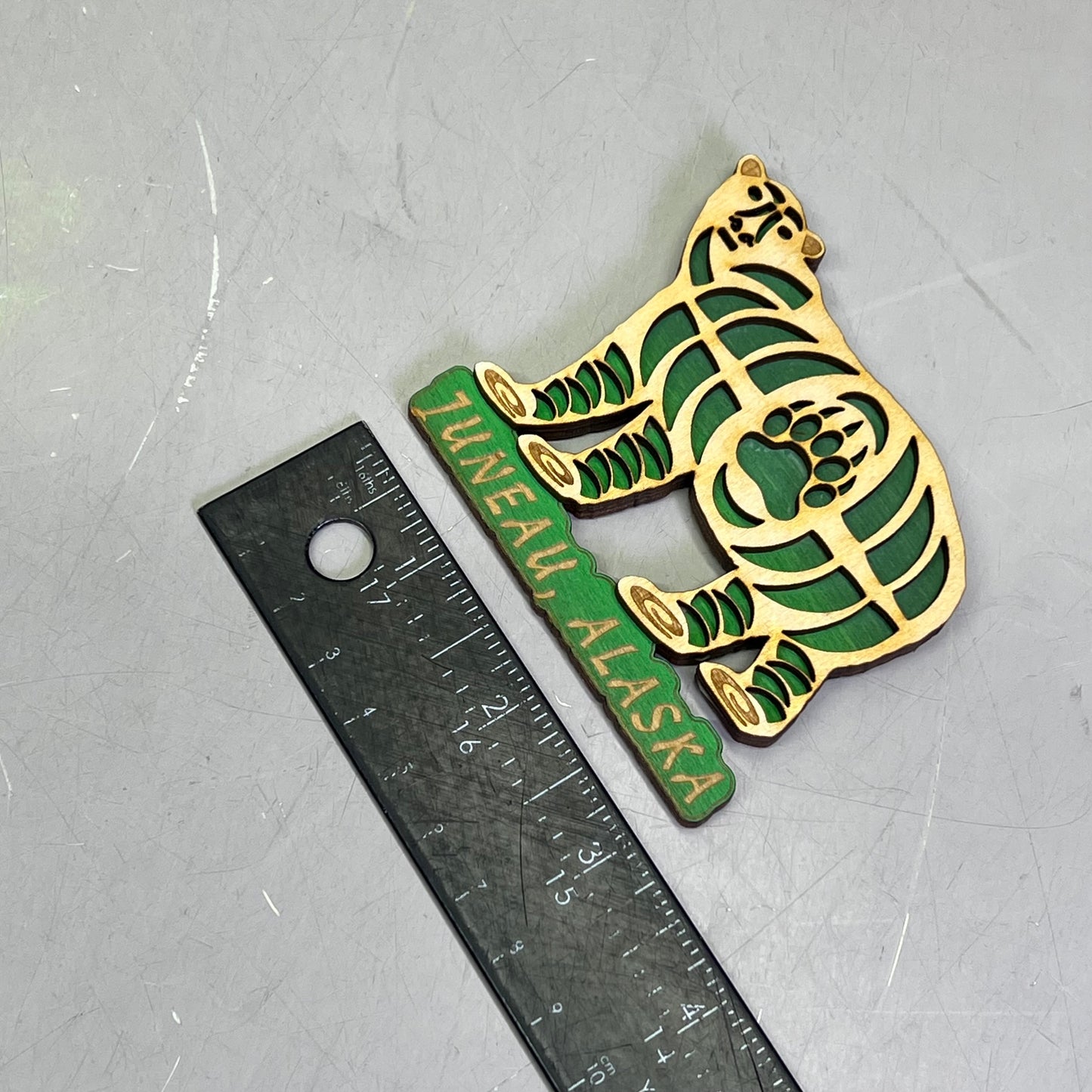 (2 PACK) Grizzly Bear & Paw Lasered Wood Magnet Souvenir JUNEAU, AK Made In USA