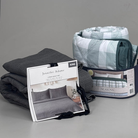 ZA@ BEDDING (LOT OF 2) 3 Piece Kings Quilt Set Gray & 1 King Down Alternative Blanket Green New Opened Box