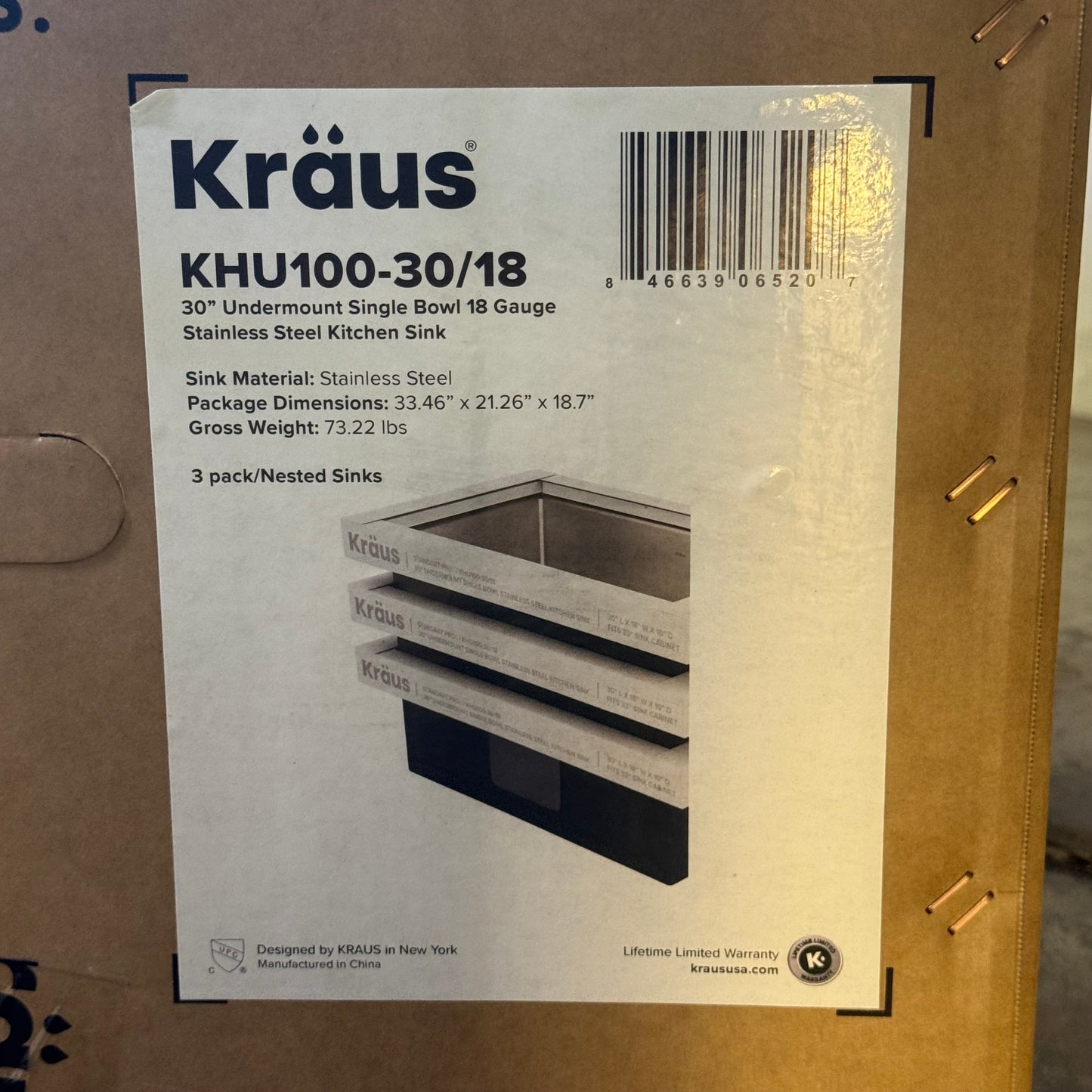 KRAUS (3 PACK) 30" Undermount Single Bowl 18 Gauge KHU100-30/18 (AS-IS, The Edge is Slightly Bent)