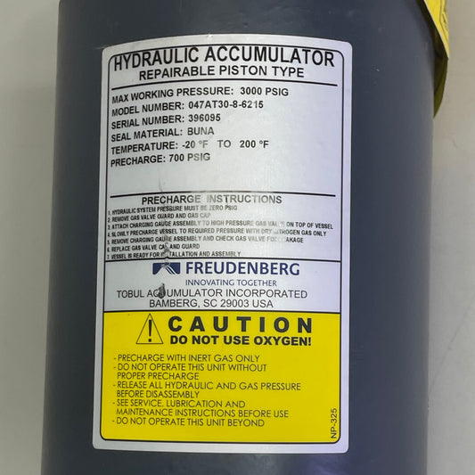 TOBUL FREUDENBERG Hydraulic Accumulator Repairable Piston Type Grey 047AT30-8-6215