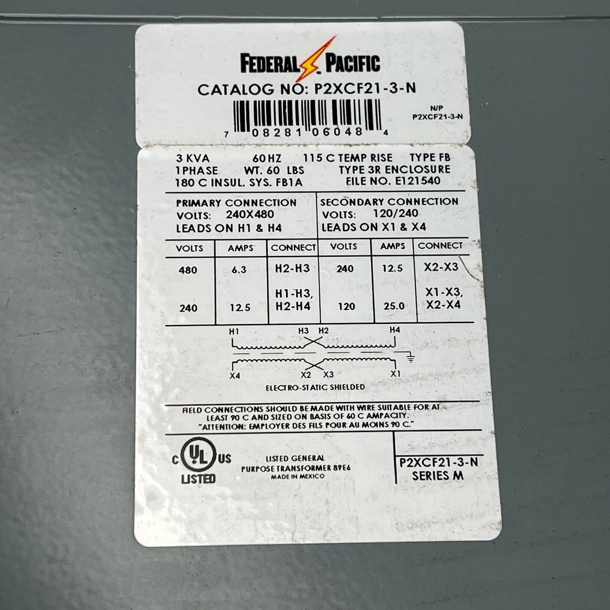 FEDERAL PACIFIC Dry-Type Transformer 60 Hz 3 KVA 120/240 Grey P2XCF21-3-N