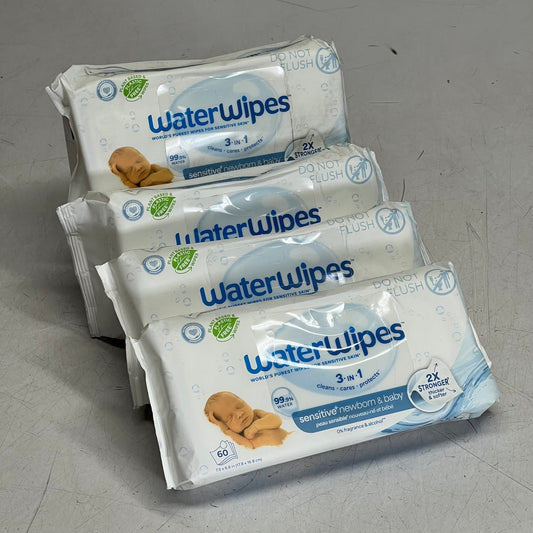 WATERWIPES (4 Pack of 60 Wipes) Sensitive+ Newborn & Baby Wipes, 3-in-1 Cleans Sz 7" x 6.6", White BB 01/26