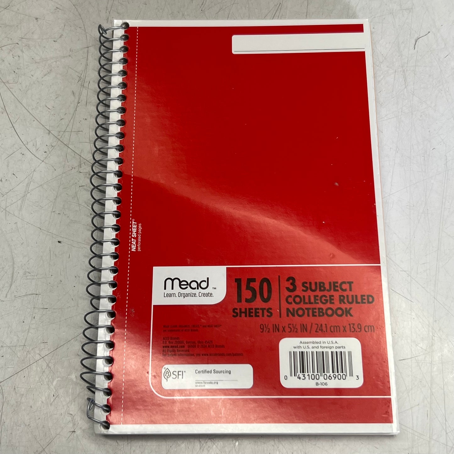 MEAD (4 PACK) 150 Sheets 3 Subject College Ruled Notebook 9 1/2" x 5 1/2" 06900