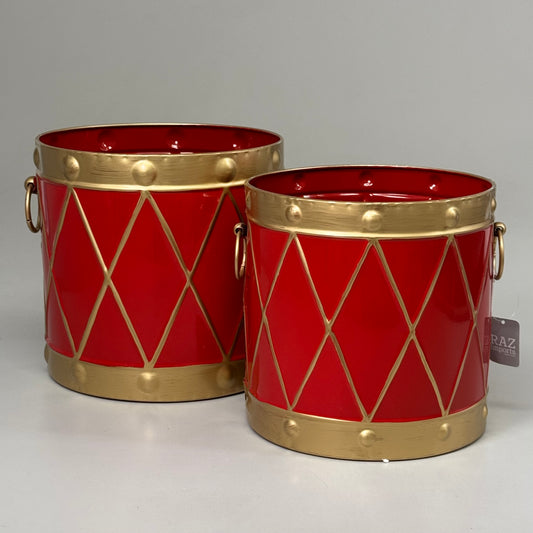 RAZ IMPORT (SET OF 2) Metal Drum Containers No Lid w/ Handles 10.5 Red 4425918