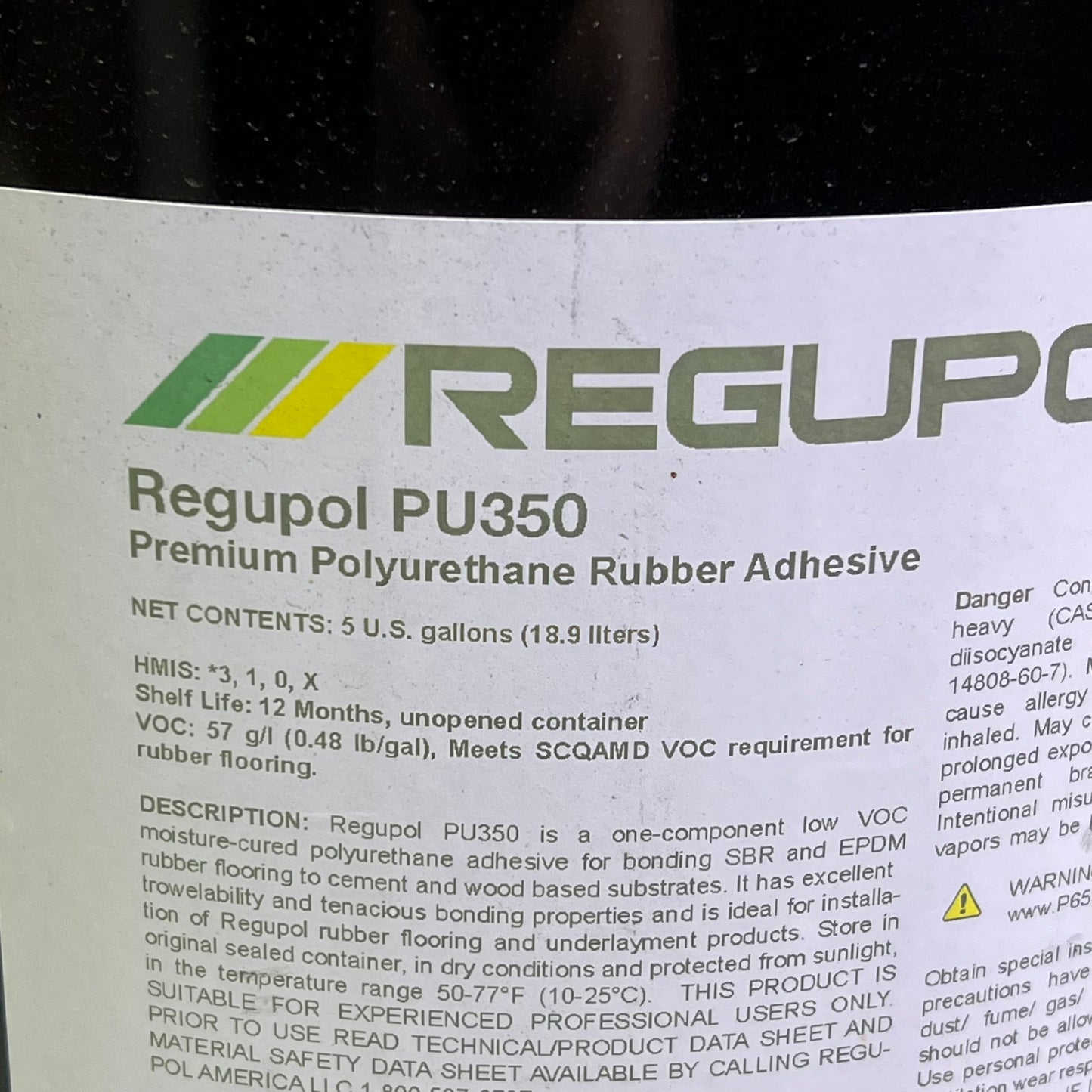 REGUPOL Premium Polyurethane Rubber Flooring Adhesive Made In USA 5 Gal PU350