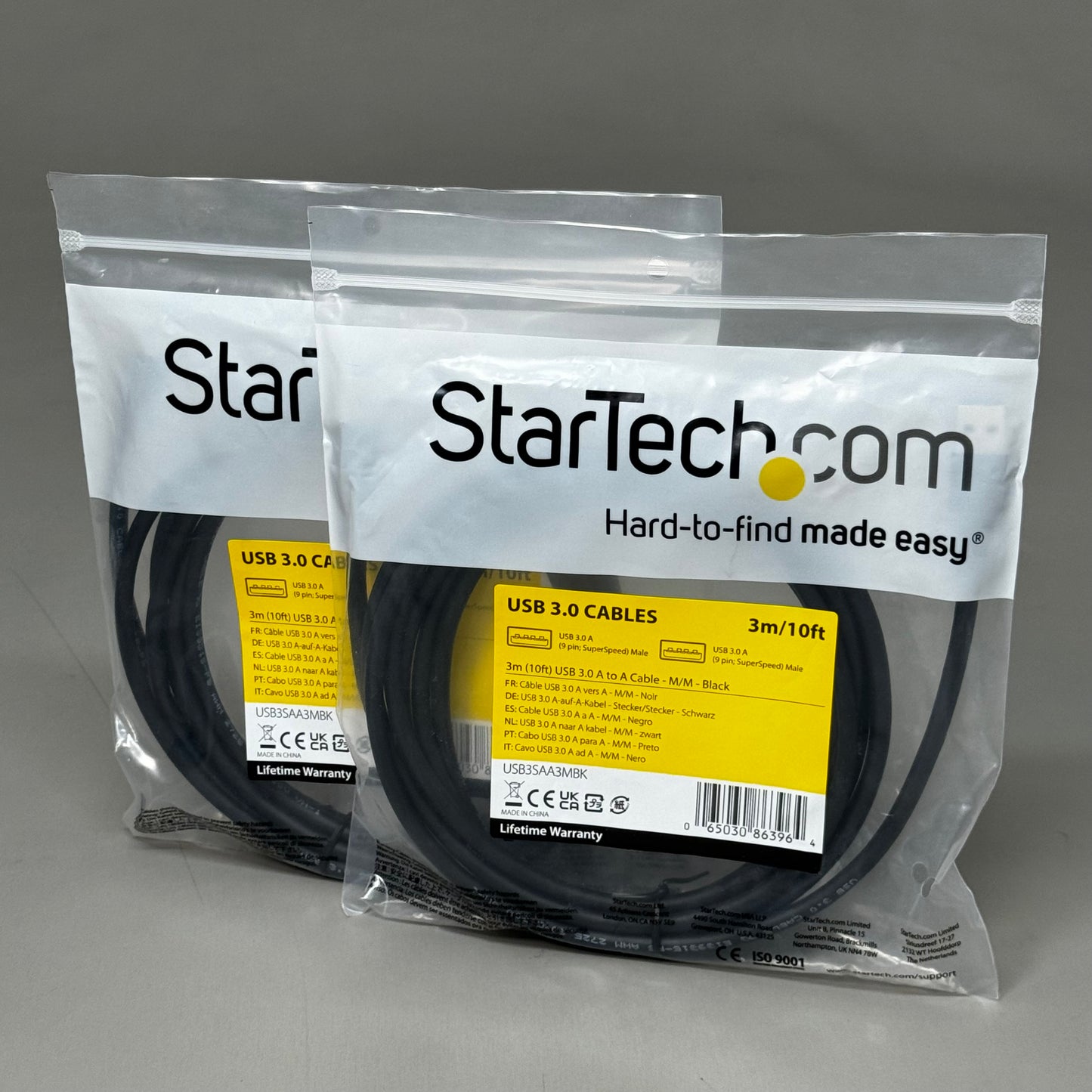 STARTECH.COM (2 PK!) USB 3.0 Cables A-A Cable - M/M 10ft/3m Black USB3SAA3MBK